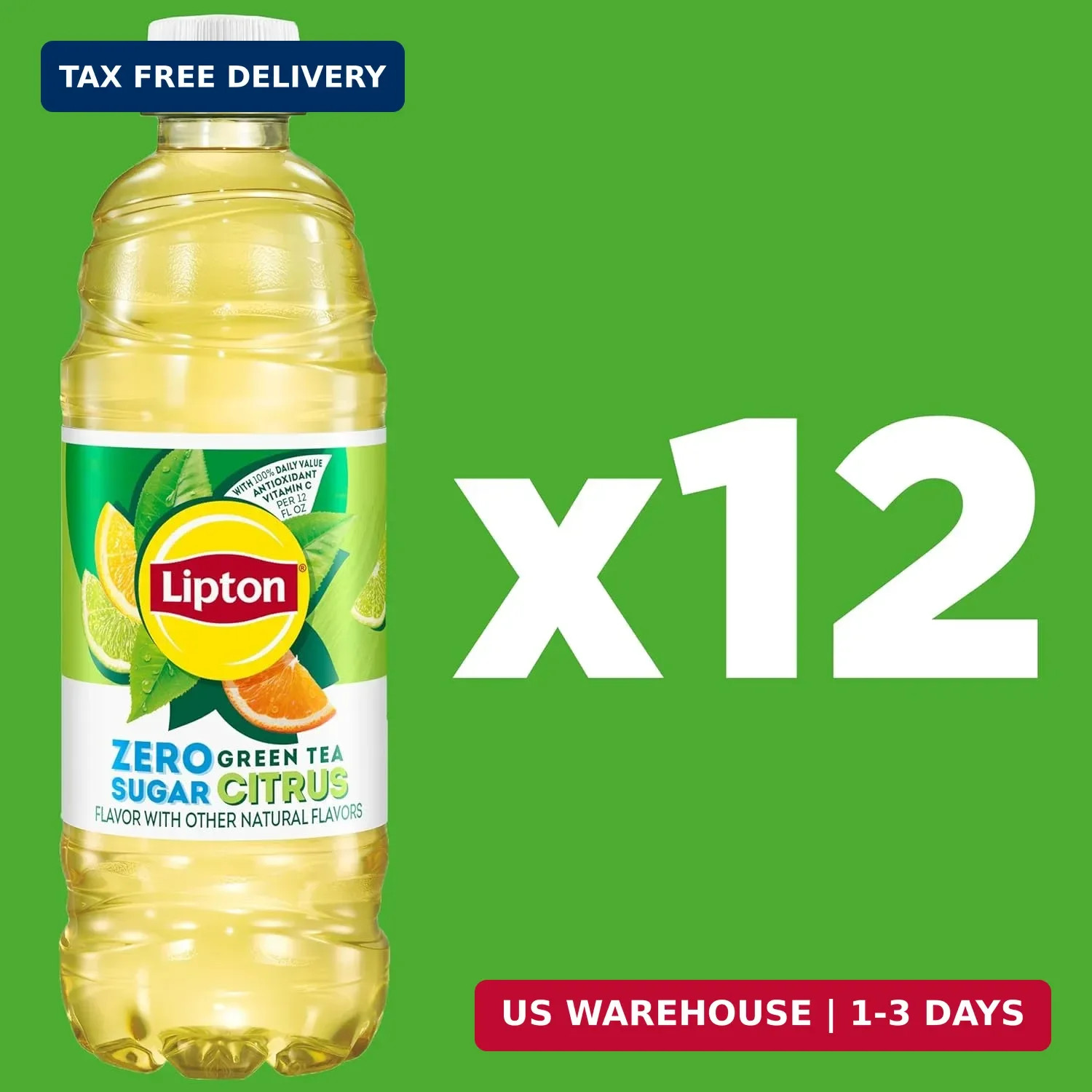 Lipton Zero Sugar Iced Tea, Green Tea Citrus, 16.9 fl oz Bottles, (12 Pack), 100