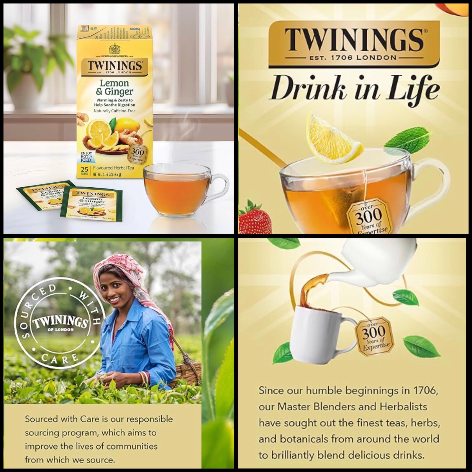 4 Box Twinings Lemon & Ginger Herbal Tea, Caffeine Free 100 Tea Bags 1.32 oz EA