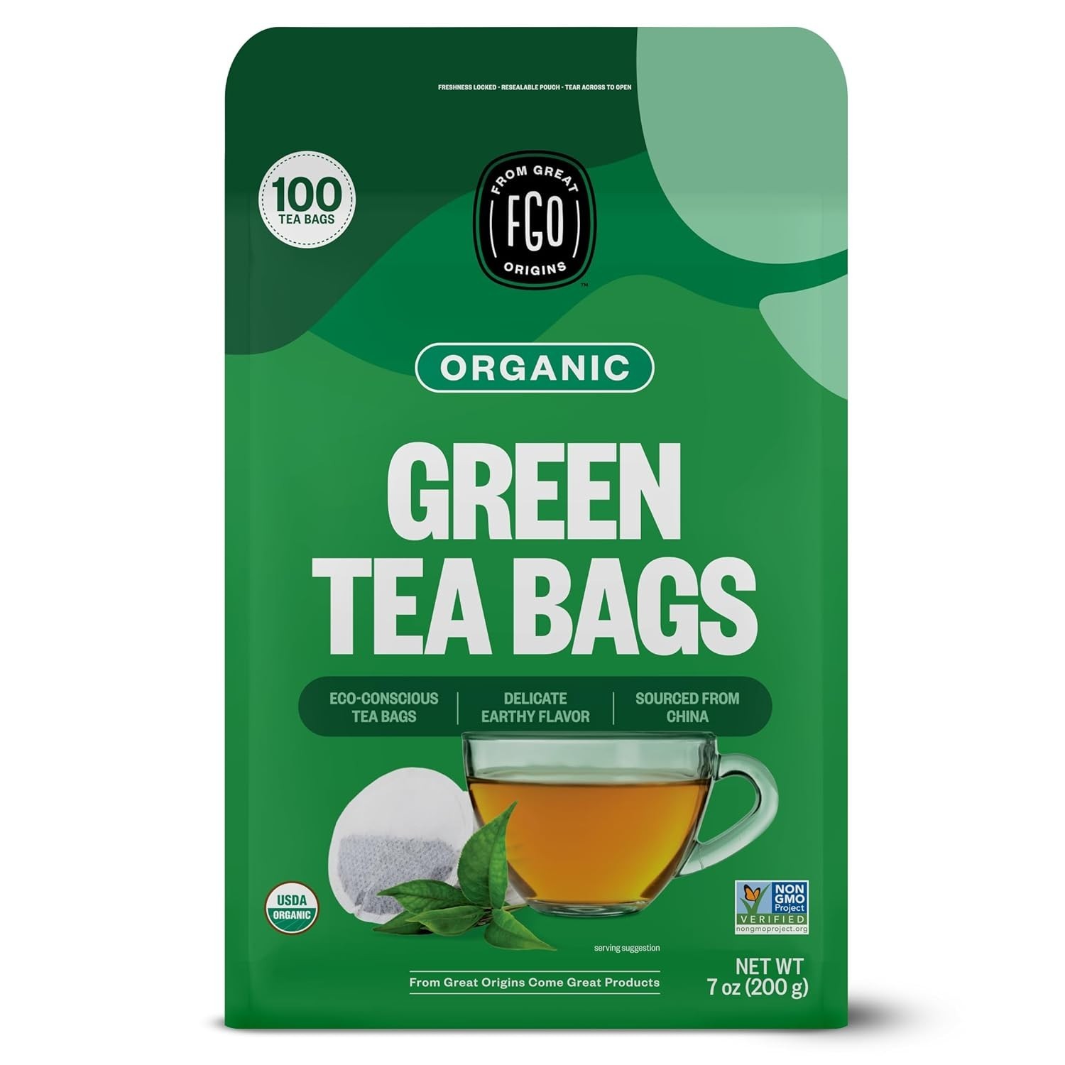 Organic Green Tea, 100 Count Eco-Conscious Tea Bags, Caffeinated, Resealable …