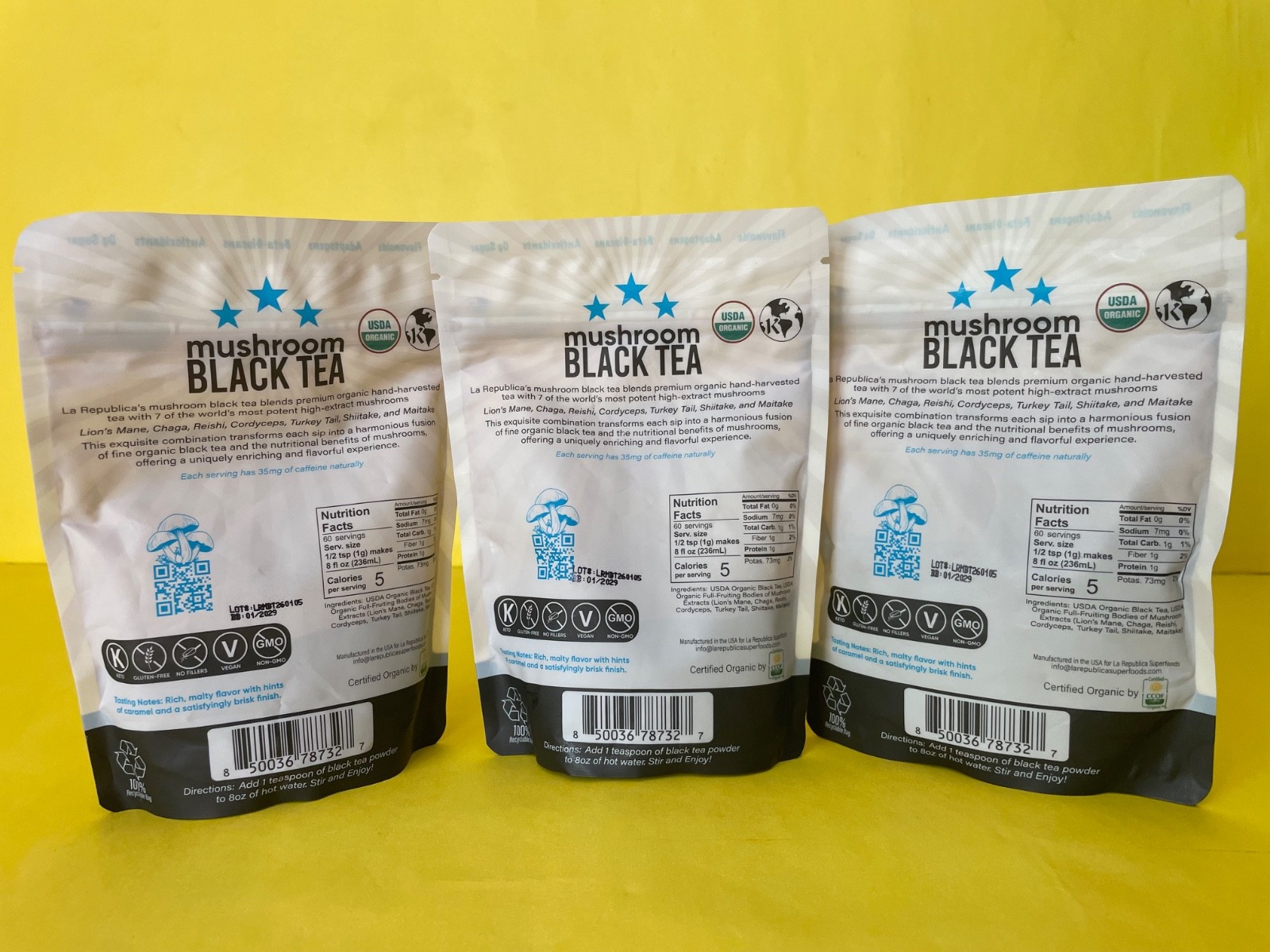 X3) LA REPUBLICA SUPERFOODS Organic Black Mushroom Tea (2.12 OZ) 60 SERVINGS