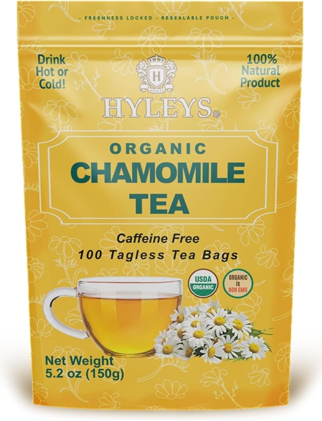 Hyleys Chamomile Tea Organic – 100 Tea Bags – Caffeine Herbal Tea