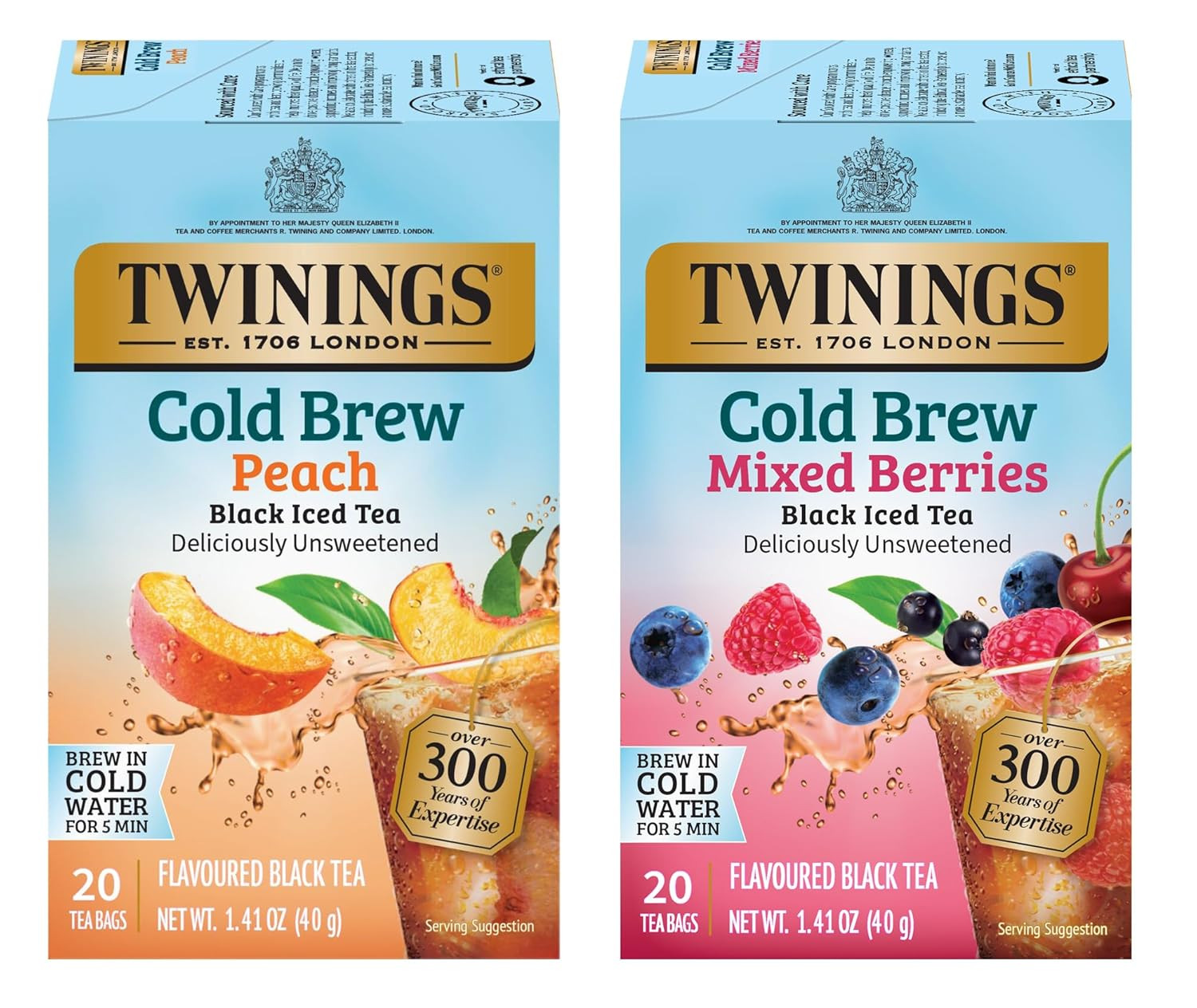 Twinings Cold Brew Variety Sampler Peach and Mixed Berries Black Iced Tea Bags,