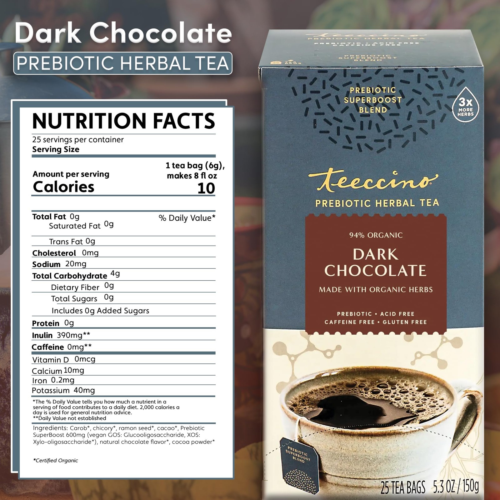 Teeccino Dark Chocolate Prebiotic SuperBoost™ Herbal Tea 25 Count (Pack of 1)