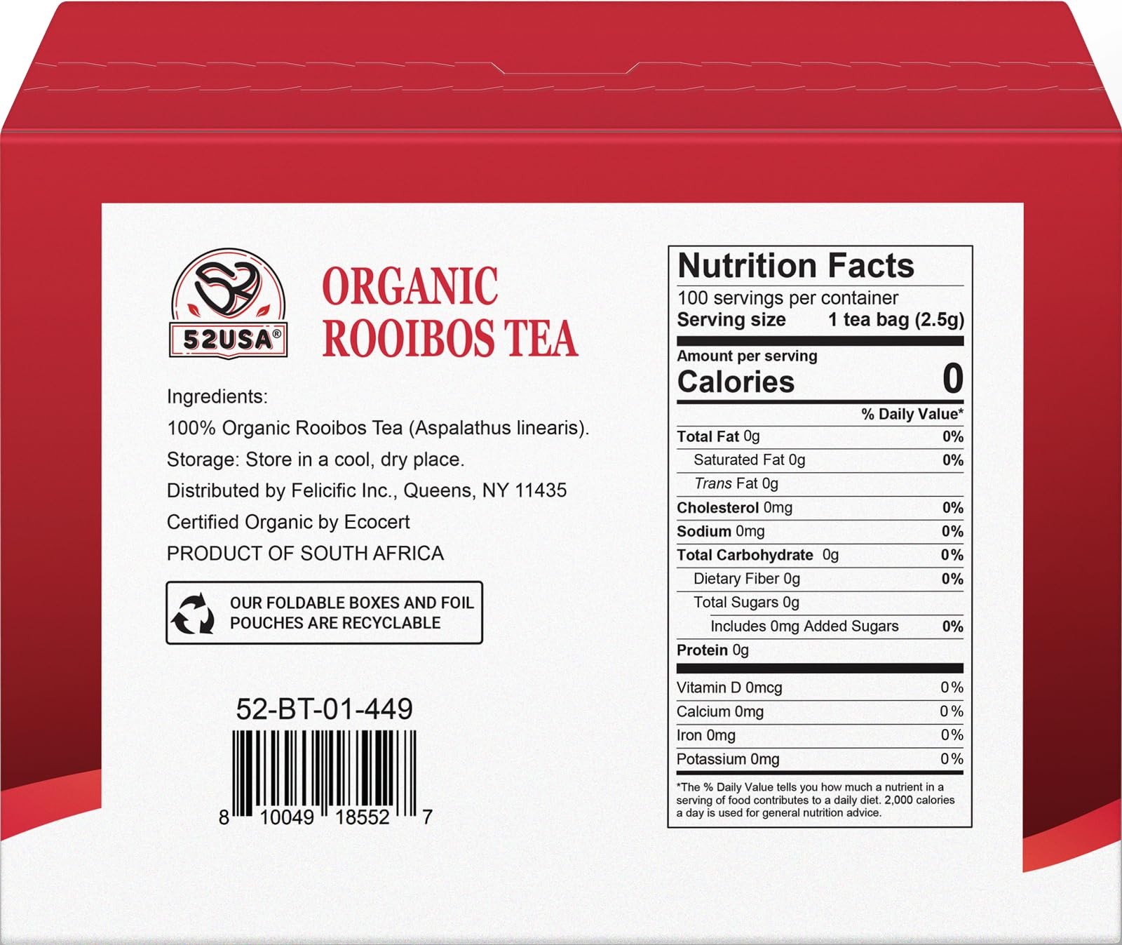 Rooibos Tea Organic, 100 Tea bags, Pure Premuim Rooibos Tea, Naturally Sweet …