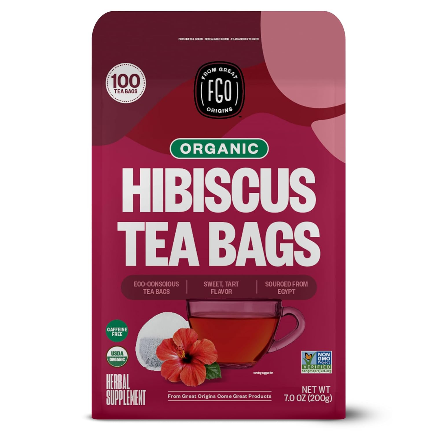 Organic Hibiscus Tea, 100 Count, Eco-Conscious Tea Bags, Caffeine Free, Packagin