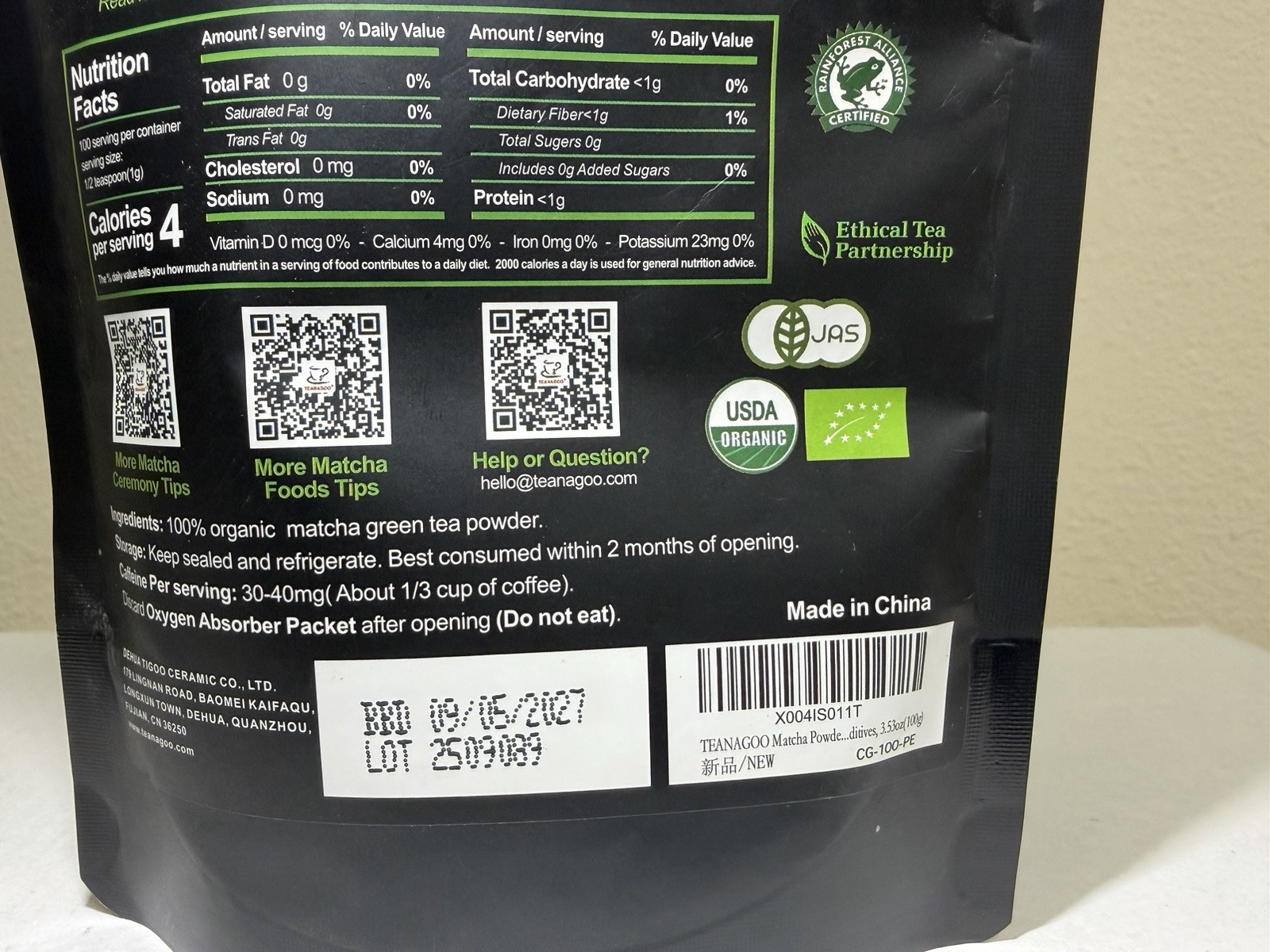 TEANAGOO Pure Organic Ceremonial Grade Matcha Powder 100g USDA Organic
