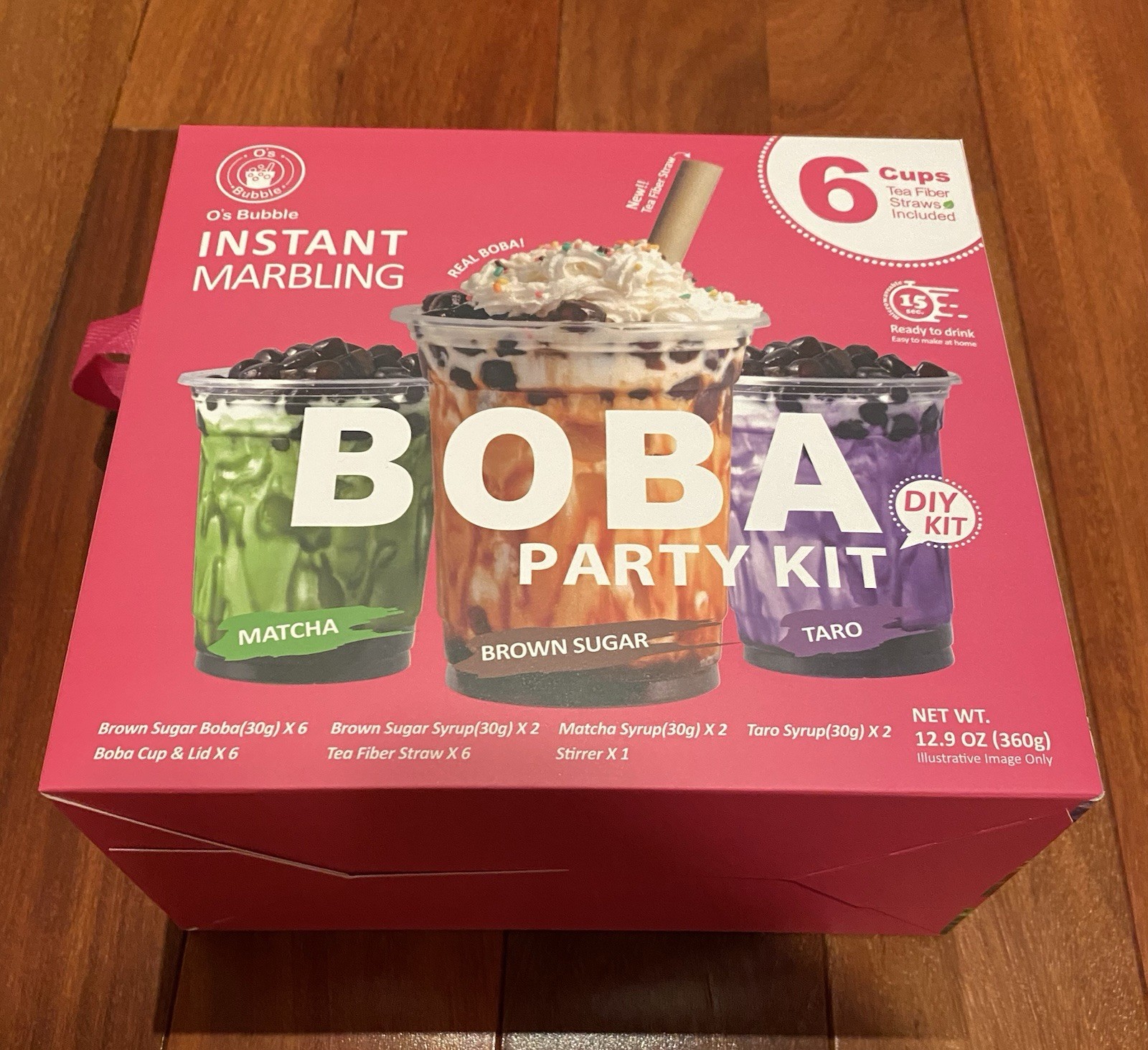 O’s Bubble Instant Marbling Boba Drinks Matcha Brown Sugar Taro 6 Cups Straws