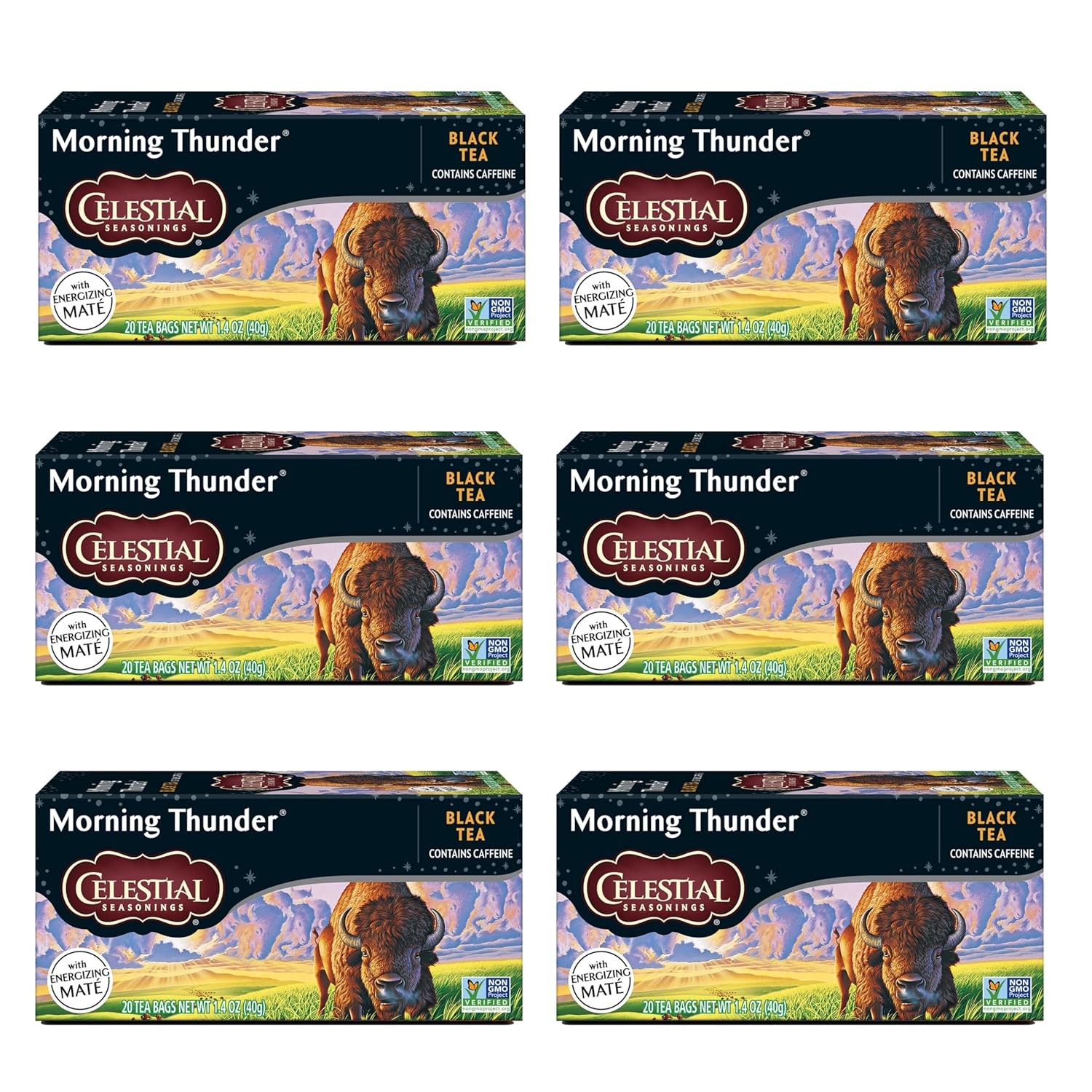 Morning Thunder Black Tea, Caffeinated, 20 Tea Bags Box (Pack of 6)