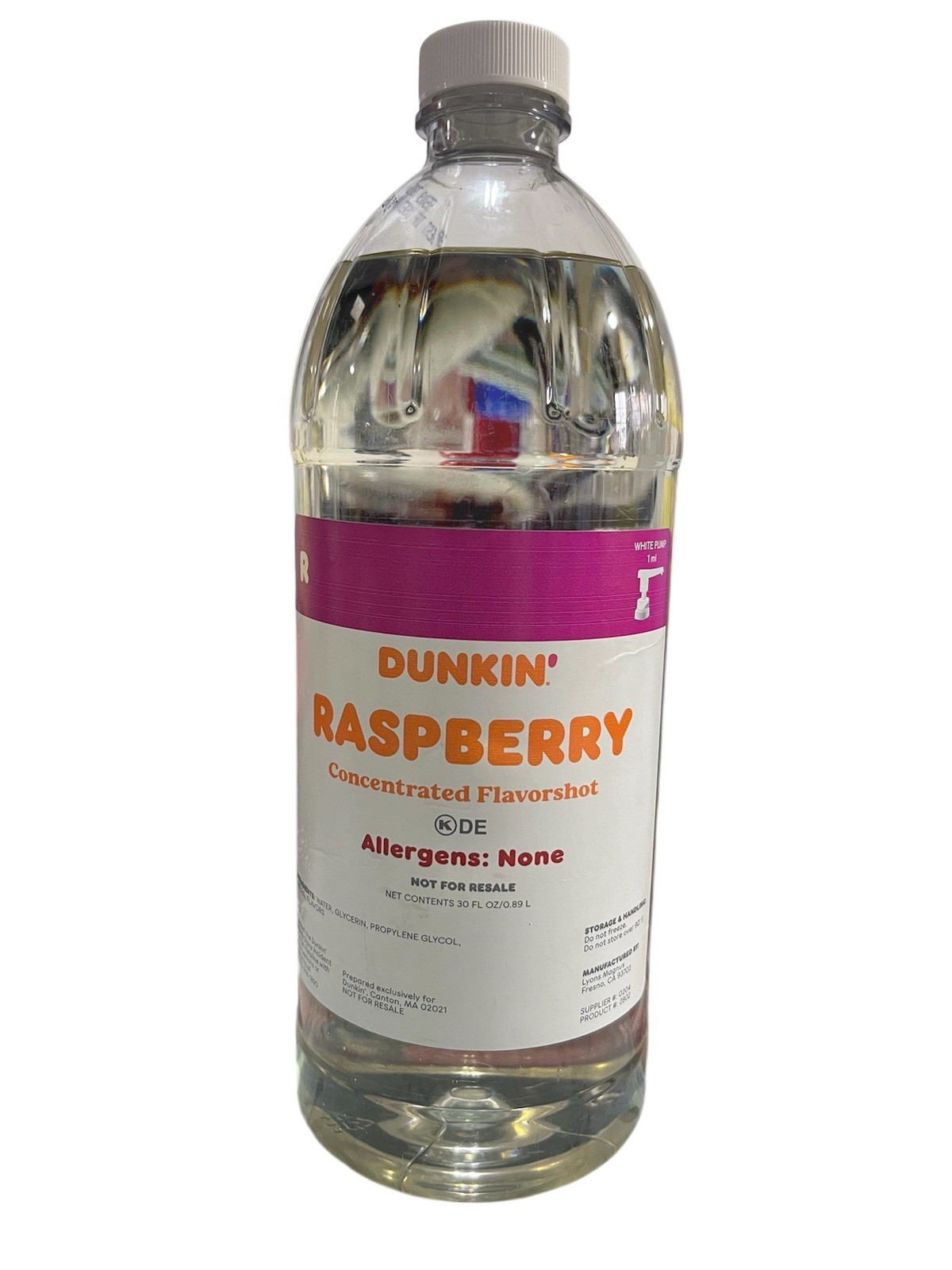 Flavour shot Dunkin Raspberry Concentrated, NO Pump. 30 FL OZ / 0.89 L.