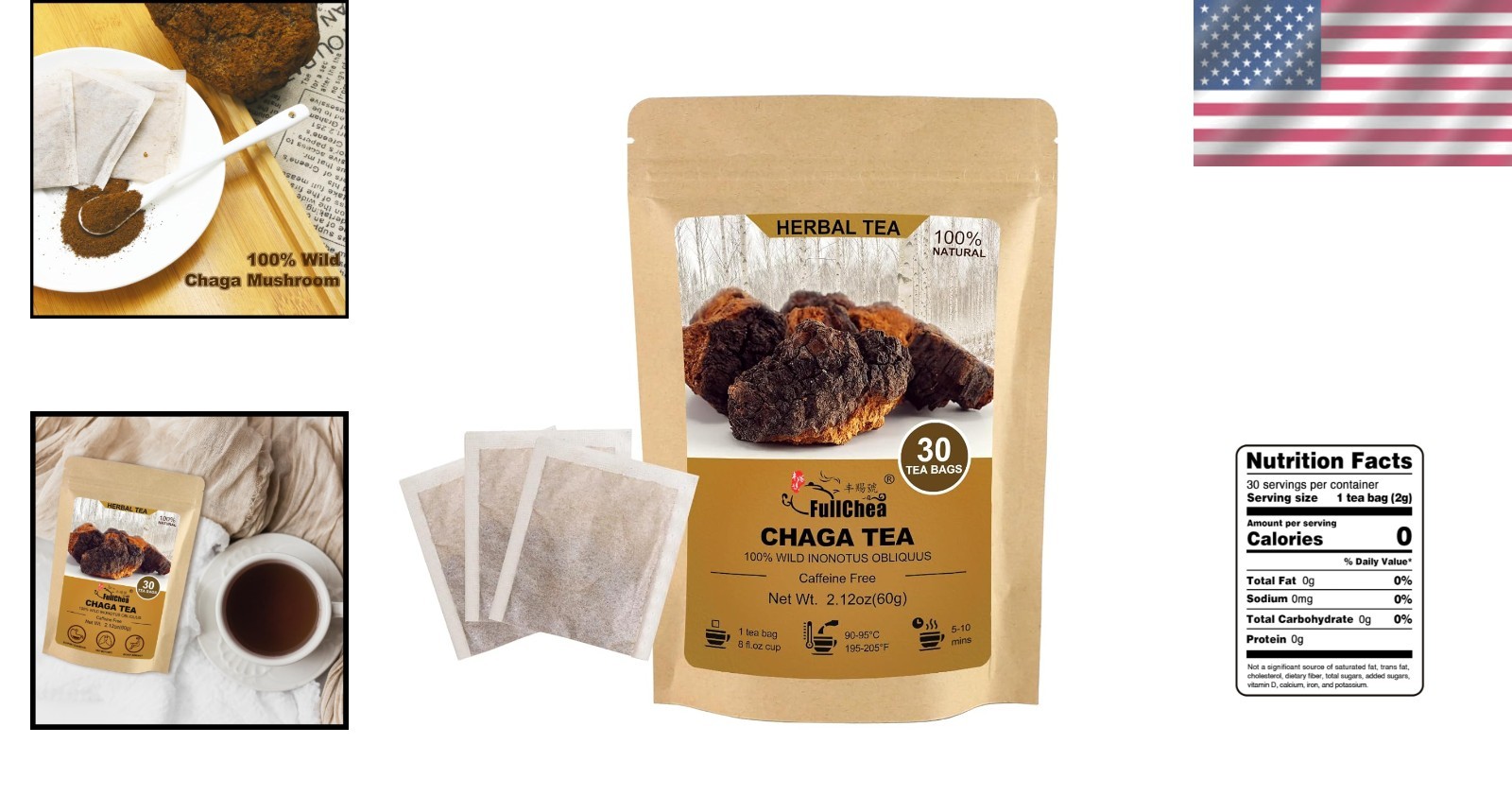 Chaga Mushroom Tea Bags, 30 Count – Rich in Antioxidants & Conveniently Packaged