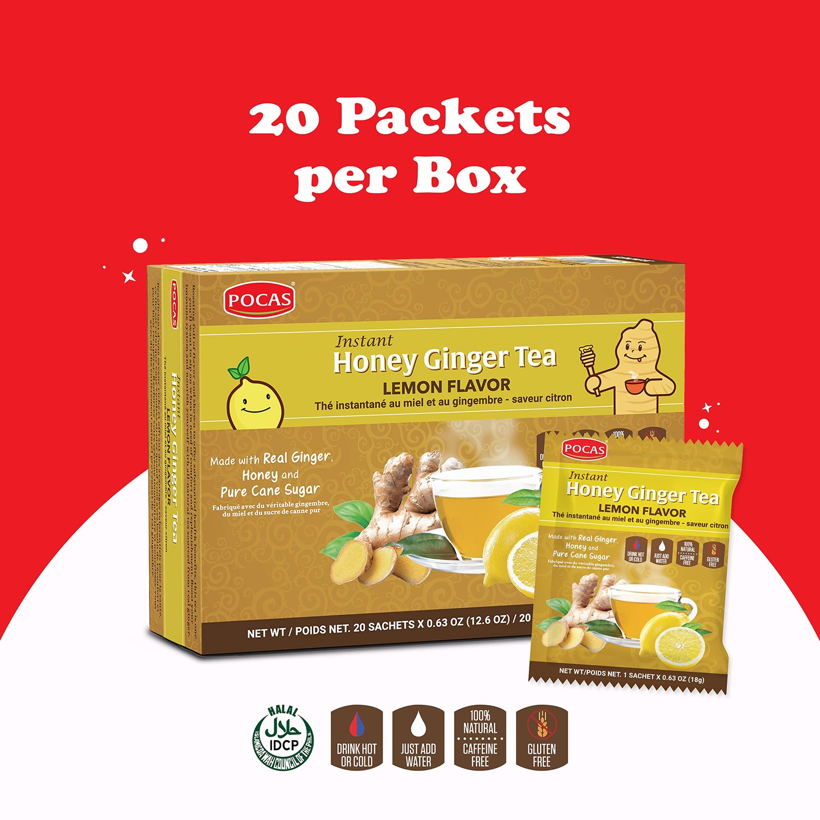 Honey Ginger Tea – Instant Tea Powder Packets with Lemon & Ginger Honey Cryst…