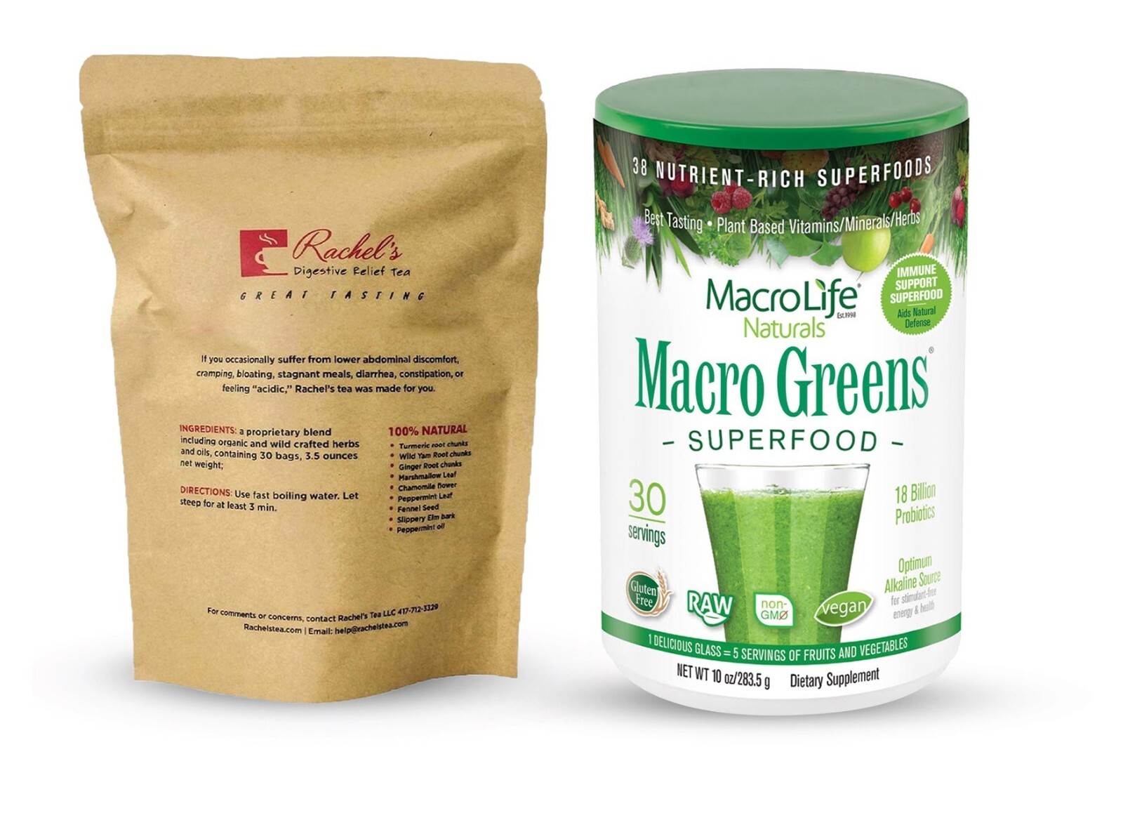 (30 Bags/60 Cups) Rachel’s Digestive Tea + Macro Greens 30 servings