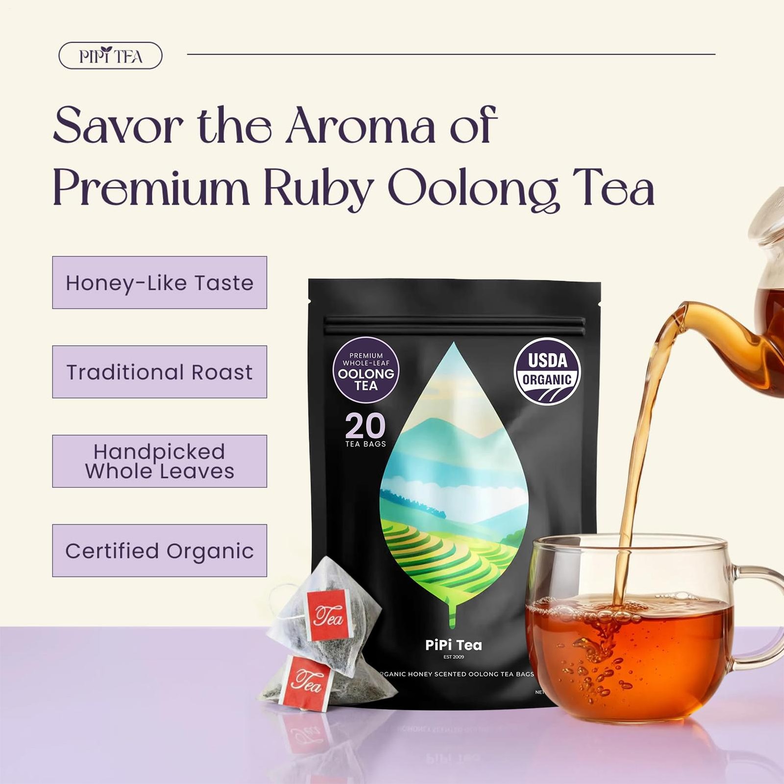 PiPi Tea Organic Oolong Tea Bags 20 Bags Cortisol & Calming Tea For Anxiety Tea