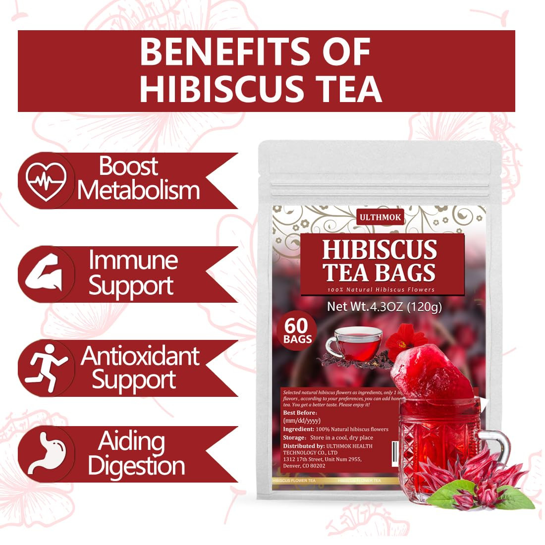 Premium Hibiscus Tea Bags,60 Tea Bags 2G /4.24 Oz,100% Pure Dried Hibiscus Flowe