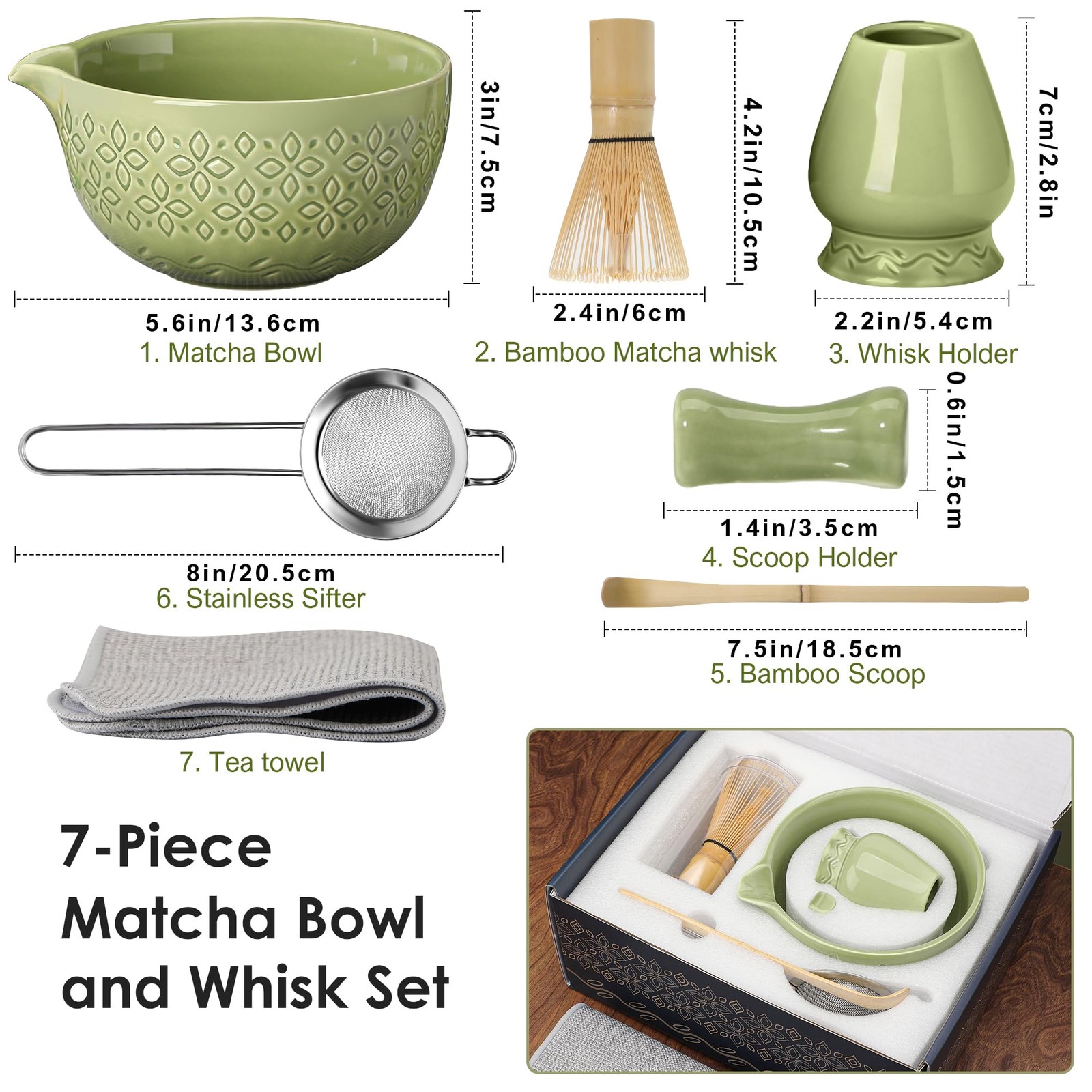 Matcha Whisk Set 7 Pc Bowl w Spout Bamboo Whisk Holder Scoop Sifter Green