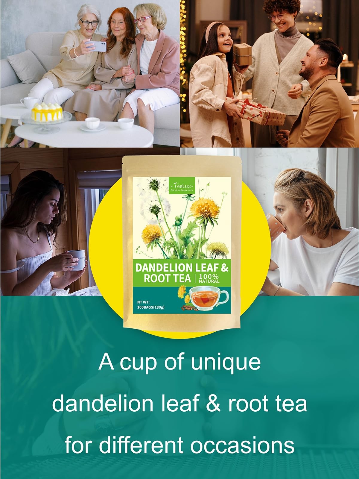 TeeLux Dandelion Leaf & Root Tea Bags, Natural Roasted 100 Count (Pack of 1)