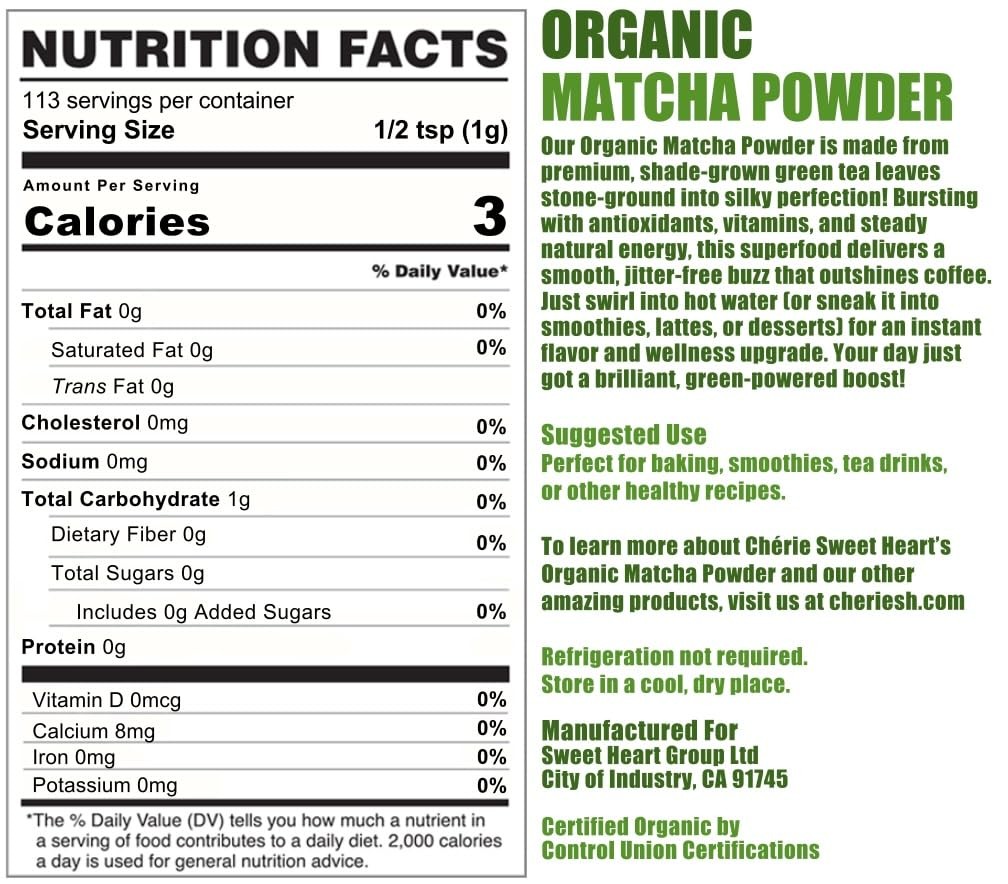Cherie Sweet Heart Organic Matcha Green Tea Powder – Premium Culinary Grade, …