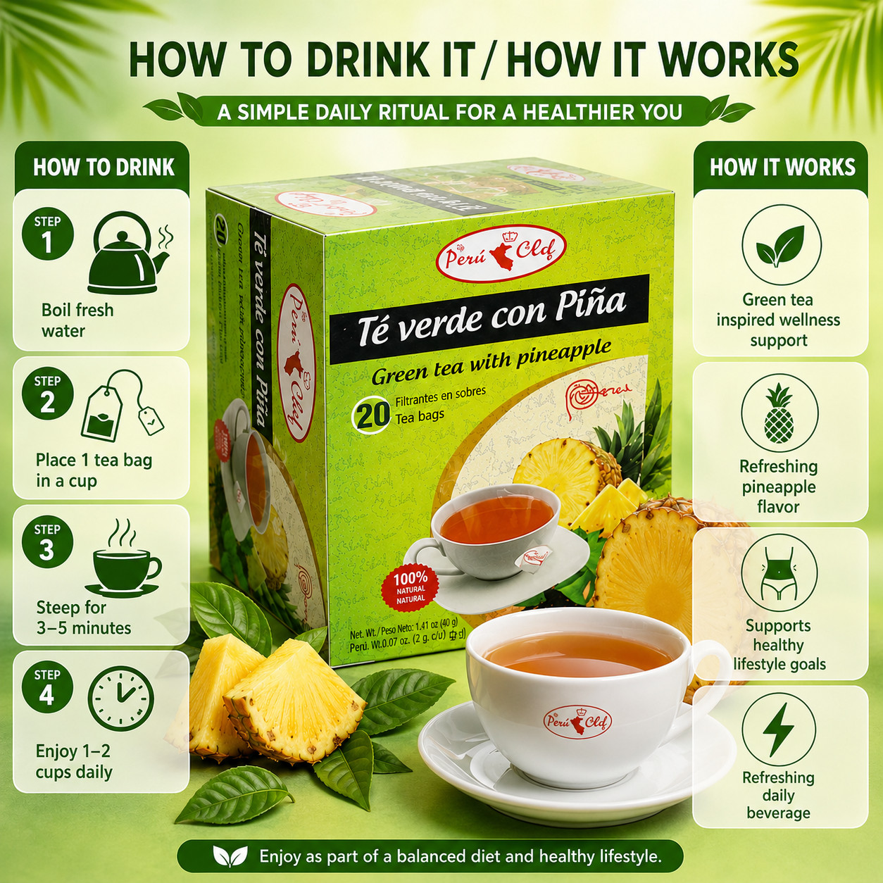 Pineapple Green Tea 20 Boxes Pack | 400 Total Tea Bags | Natural Green Tea with