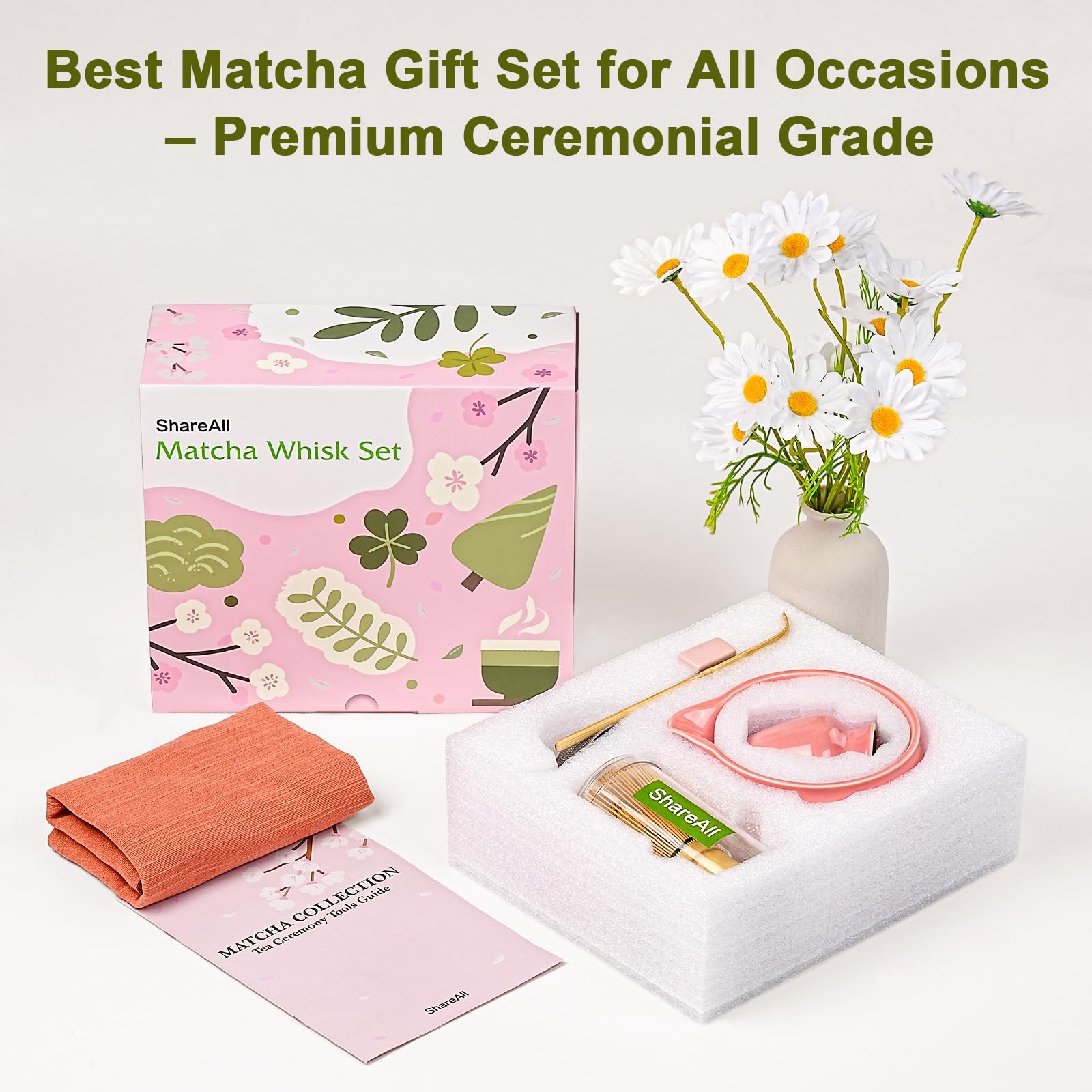 Matcha Set 7Pcs with 18oz Pink Glaze Bowl, Bamboo Whisk & Sifter – Elegant Tea