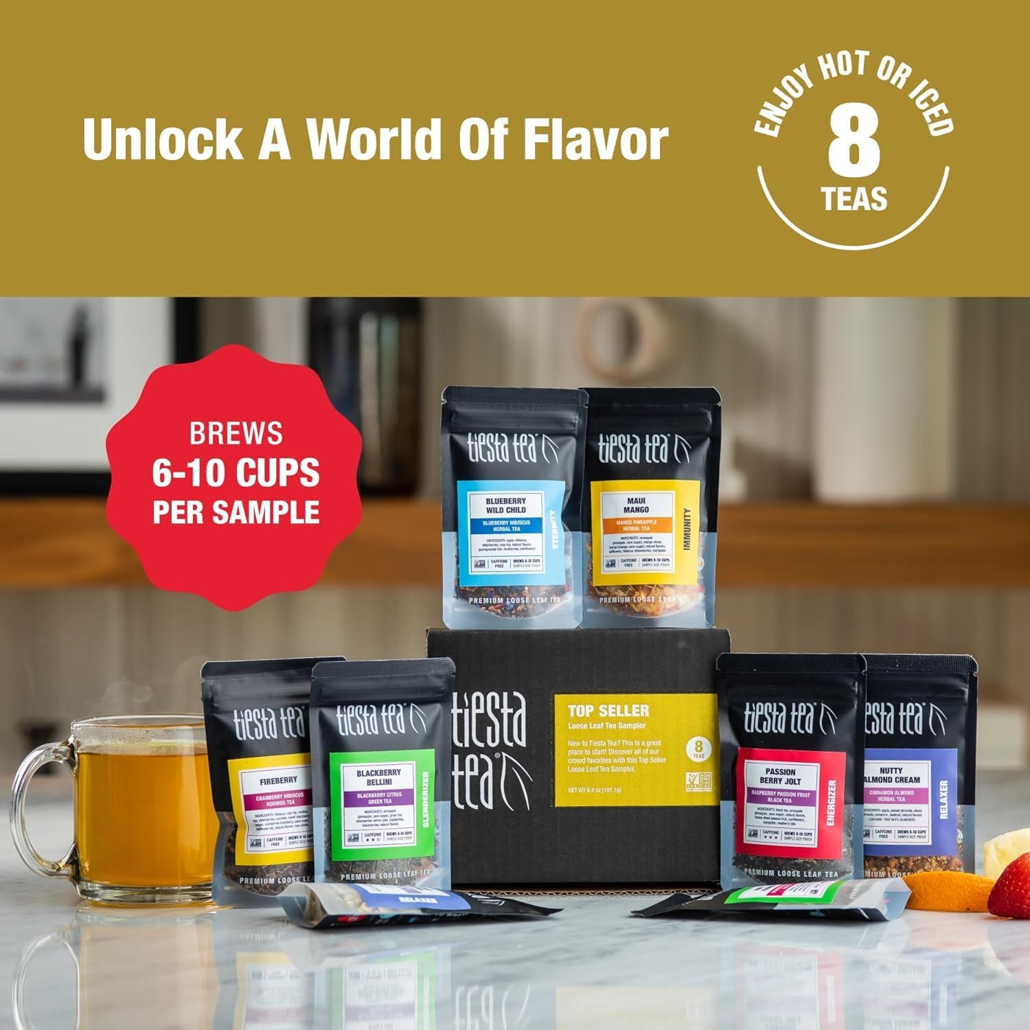 – Top 8 Favorites Sampler Set, Loose Leaf, up to 80 Cups, High to No Caffeine, H