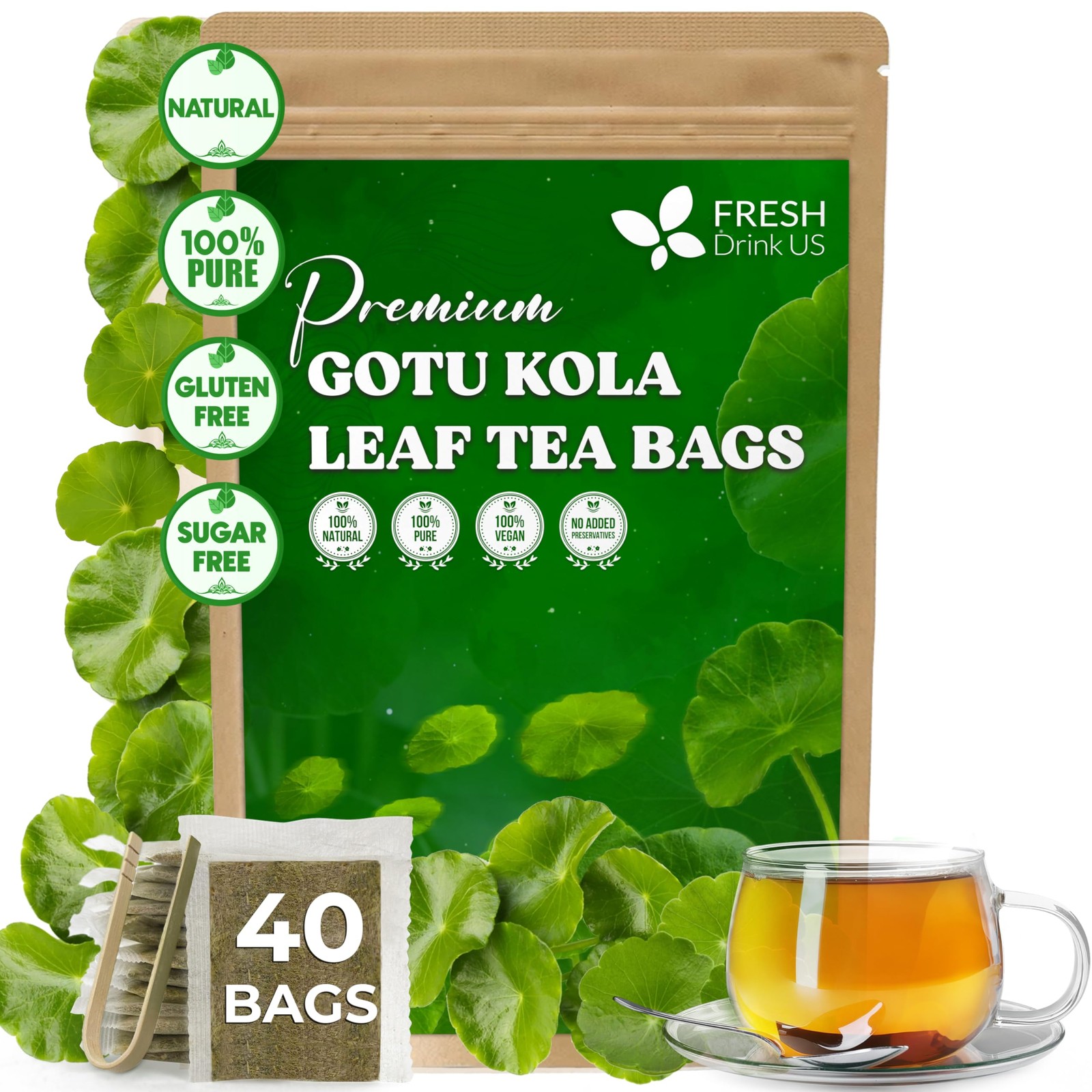 Gotu Kola Leaf Tea Bags – Caffeine-Free Herbal Infusion, 40 Count, Refreshing