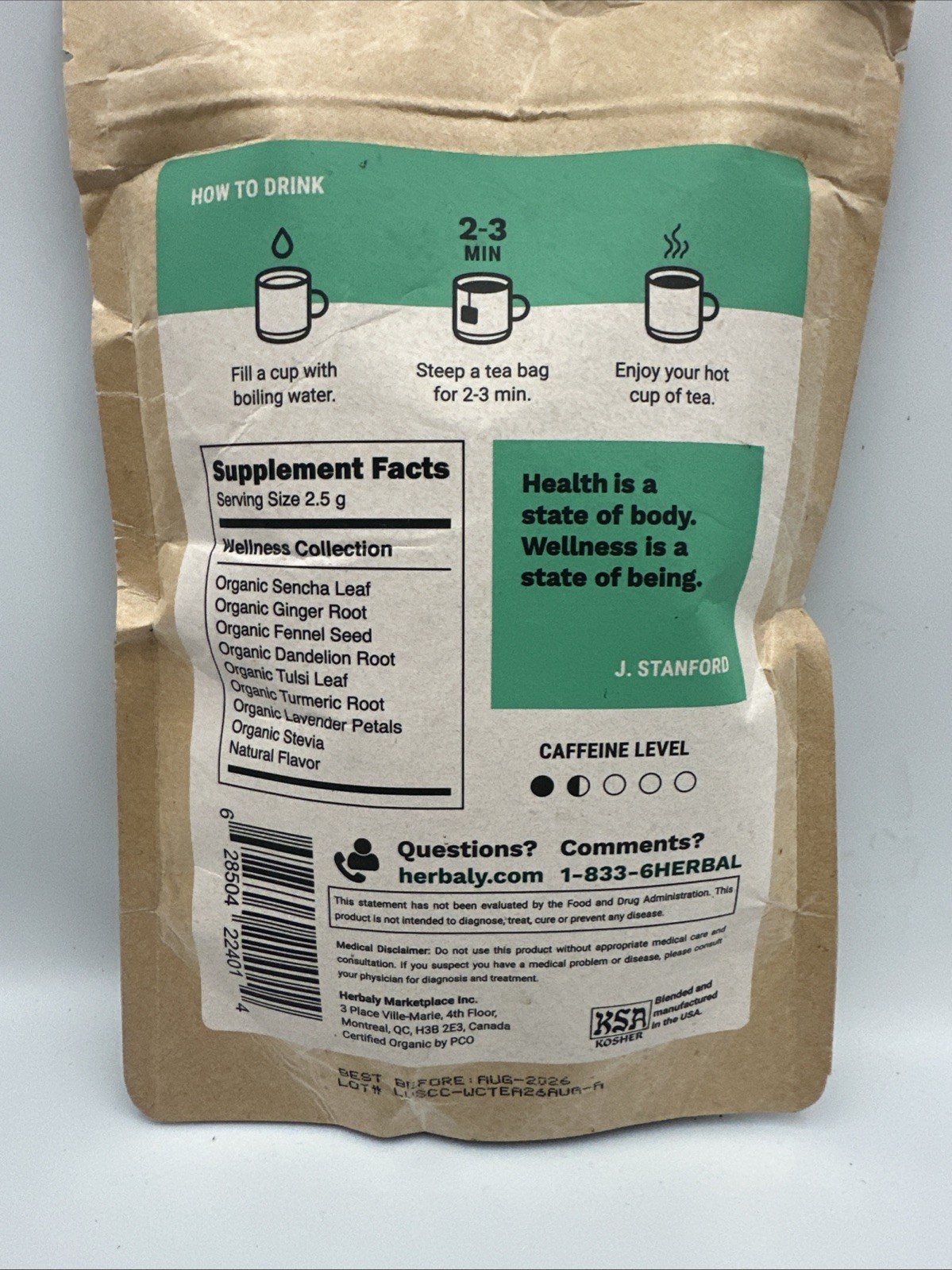 Herbaly Wellness Collection Organic Herbal Ginger Tea, 70 g, 28 Count Bag