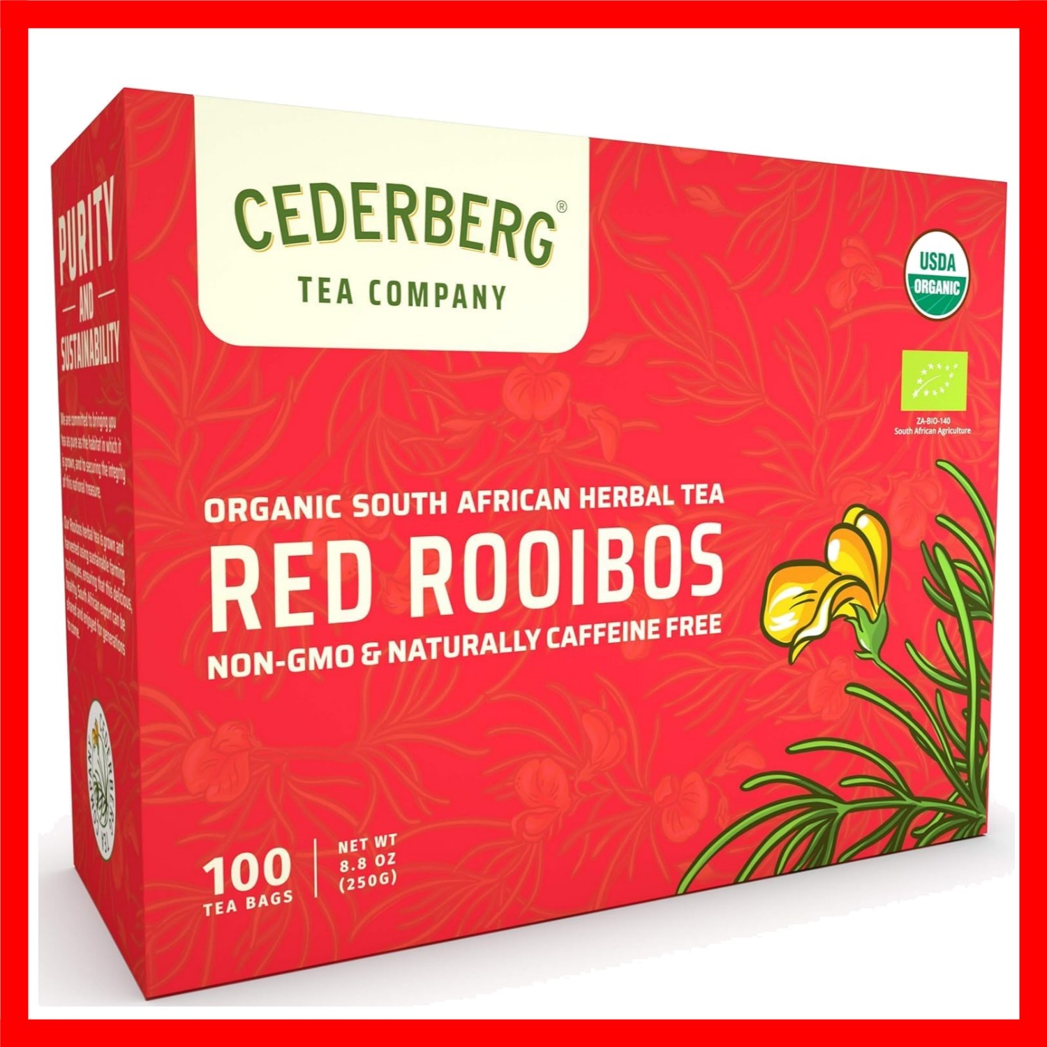 Red Rooibos Tea 100 Teabags USDA Organic – Naturally Caffeine Free –