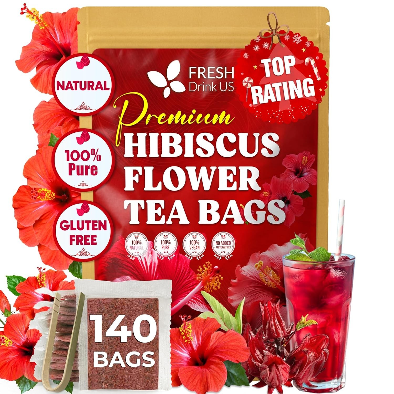 , Premium 140 Hibiscus Flowers Tea Bags, 100% Natural, Handmade & Pure from Hibi
