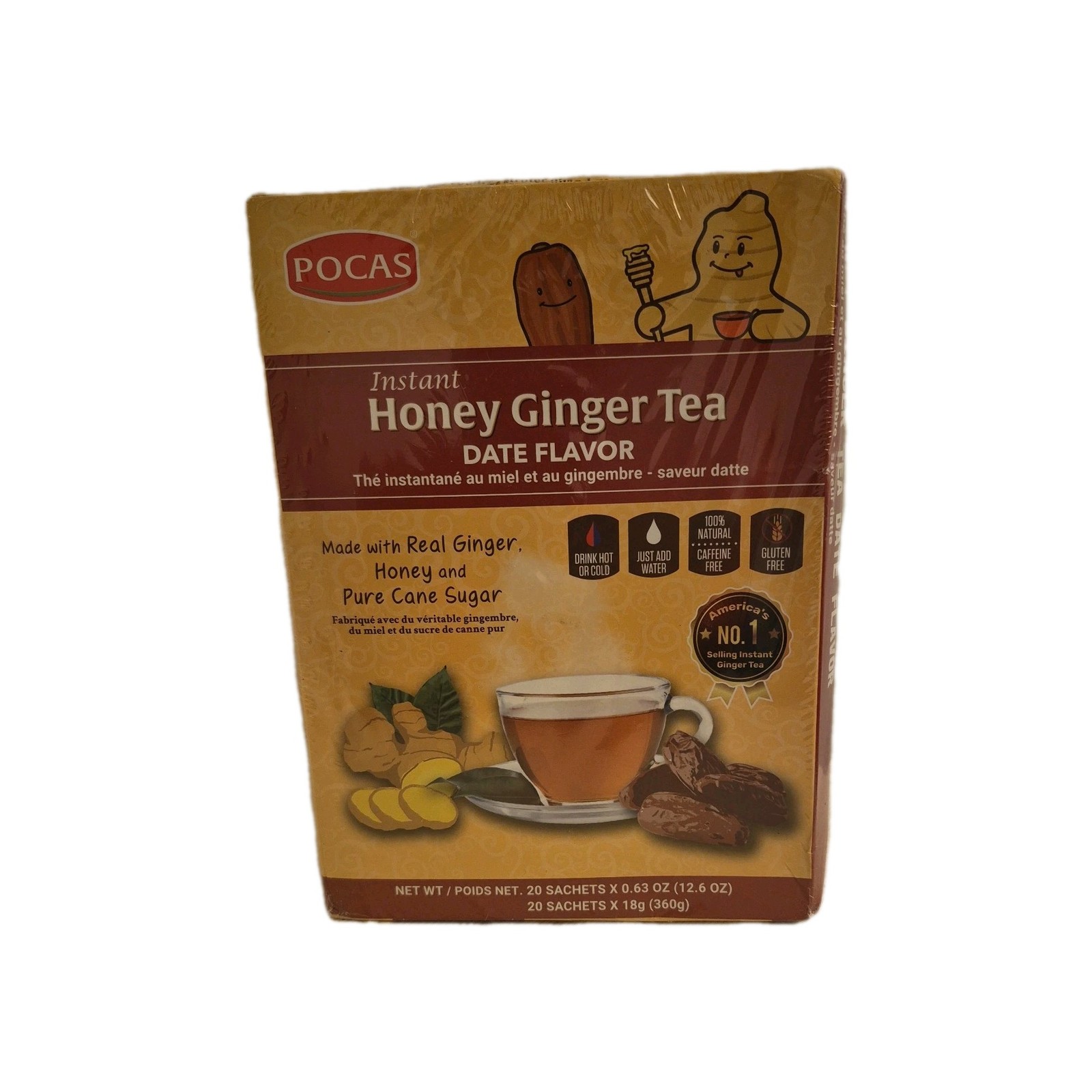 Pocas Honey Ginger Tea Date Flavor Instant Non GMO Gluten Caffeine Free 20 Ct