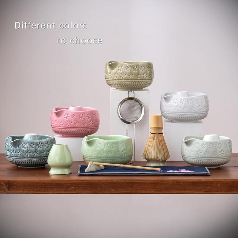 7 Pcs Matcha Set W/ Bowl Sifter Bamboo Scoop Holder Tea Towel Whisk Pink New