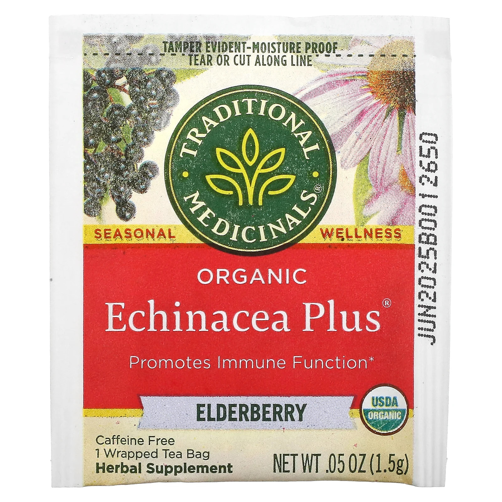 Organic Echinacea Plus, Elderberry, Caffeine Free, 16 Wrapped Tea Bags, 0.85 oz