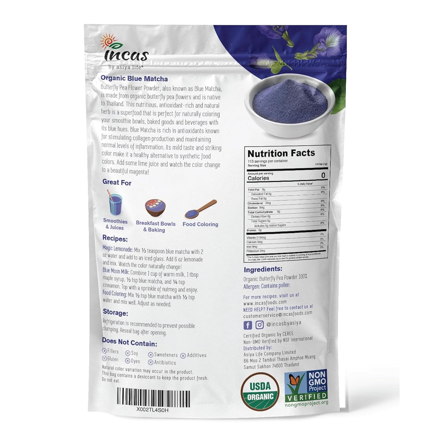 INCAS 100% USDA Organic Butterfly Pea Flower Powder (4 Ounce) | Organic Blue Mat