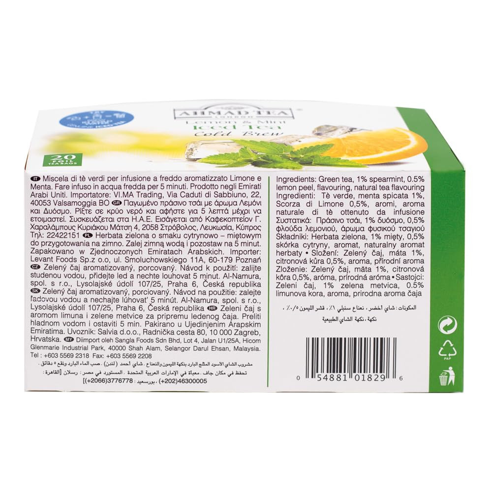 Green Tea, Cold Brew Lemon and Mint Teabags, Iced Tea, 20 Ct (Pack of 1) – Caffe