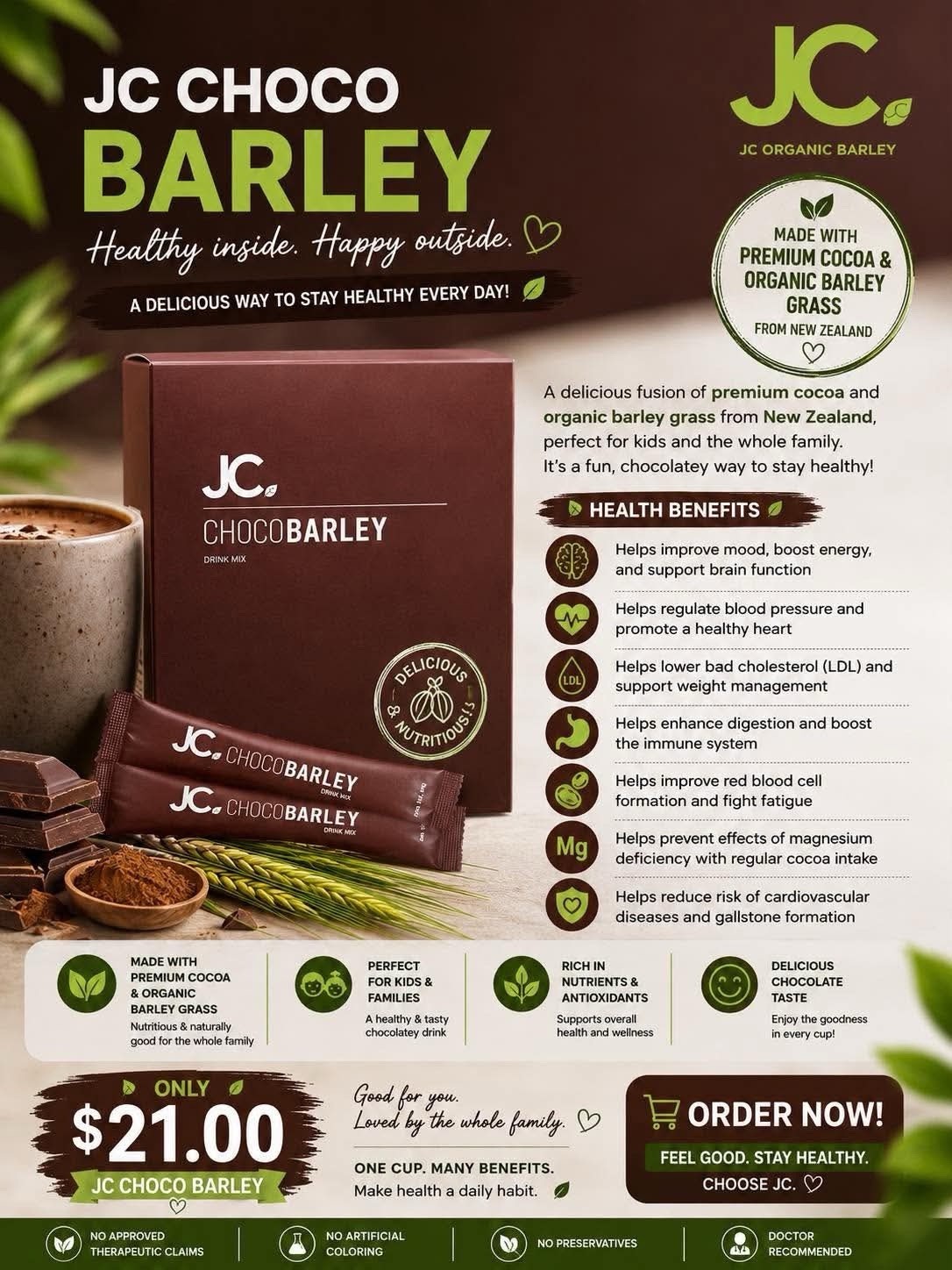 JC Organic Barley Choco Barley Chocolate Drink Mix Cocoa & Barley Grass