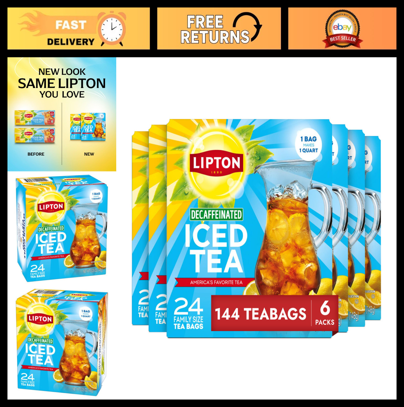 Decaf Black Iced Tea Bags Family Size 6-Pack, 144 Total, Zero Calories, Premium