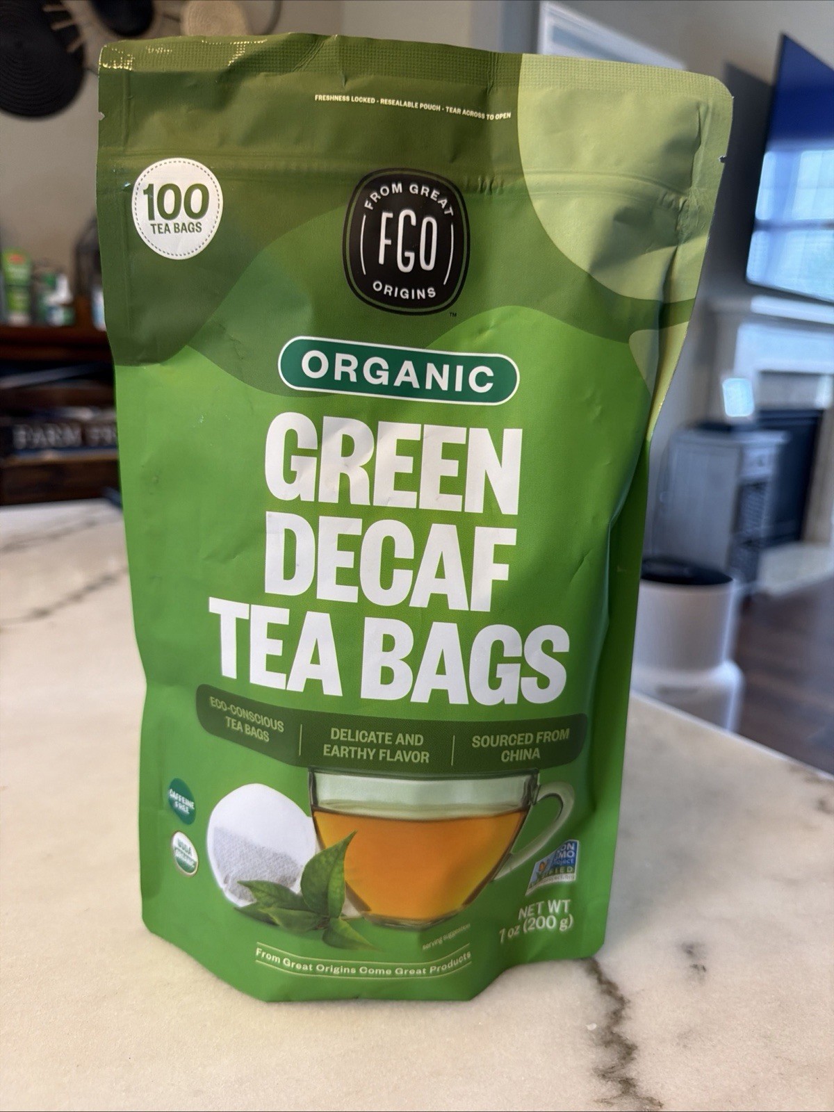 FGO Organic Green Decaf Tea, 100 Count, Eco-Conscious 100 Count 08/2028 New