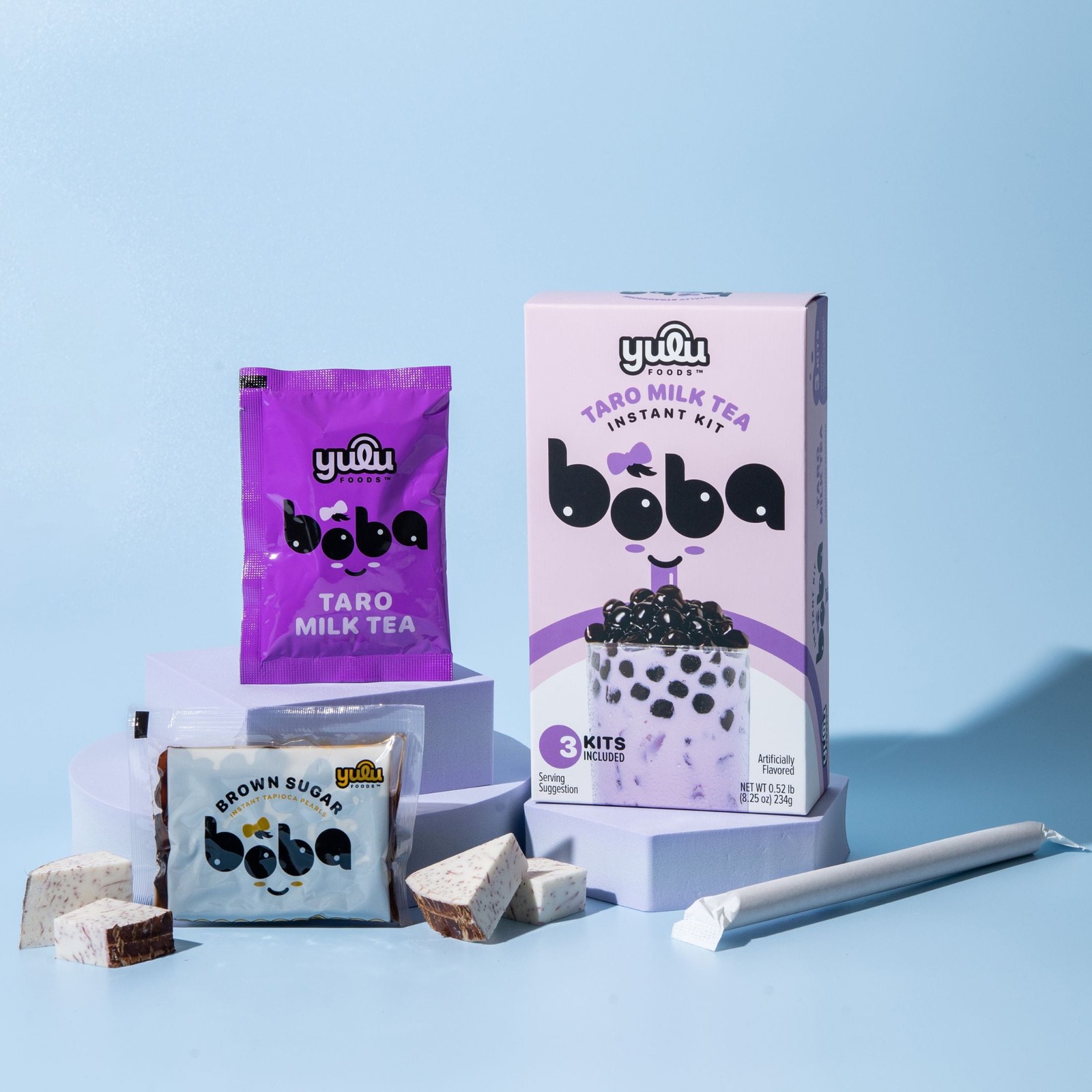 Yulu Foods Instant Boba Taro Milk Tea, Bubble Tea Kit, 3 Drinks