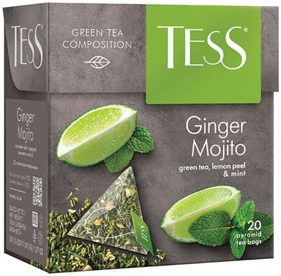TESS GINGER MOJITO Green Tea w LEMON PEEL & MINT PYRAMIDS Product of Russia