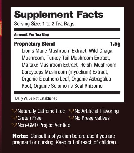 Organic Mushroom Tea Blend with Lion’s Mane Chaga Reishi for Wellness Support
