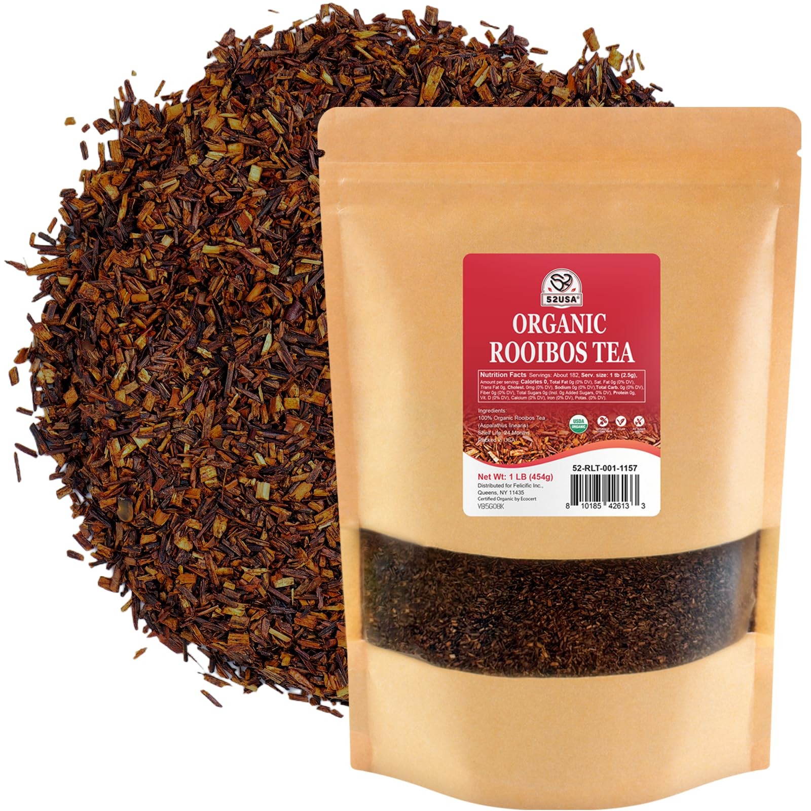 52USA Organic Rooibos Tea, 1 LB, Red Loose Leaf Naturally 16 oz