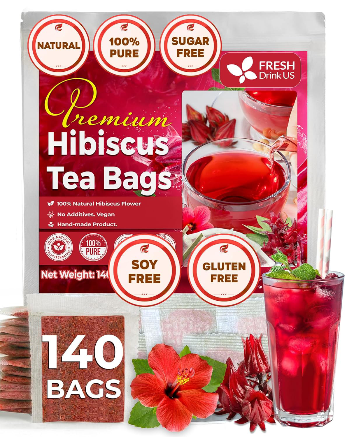 FreshDrinkUS, Premium 140 Hibiscus Flowers Tea Bags, 100% Natural, Pure from No