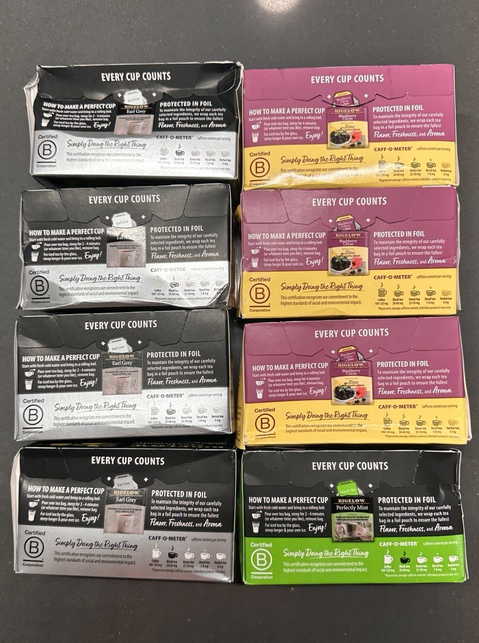 bigelow variety tea ear grey/blackberry citrus/perfectly mint 154ct bb 12/26