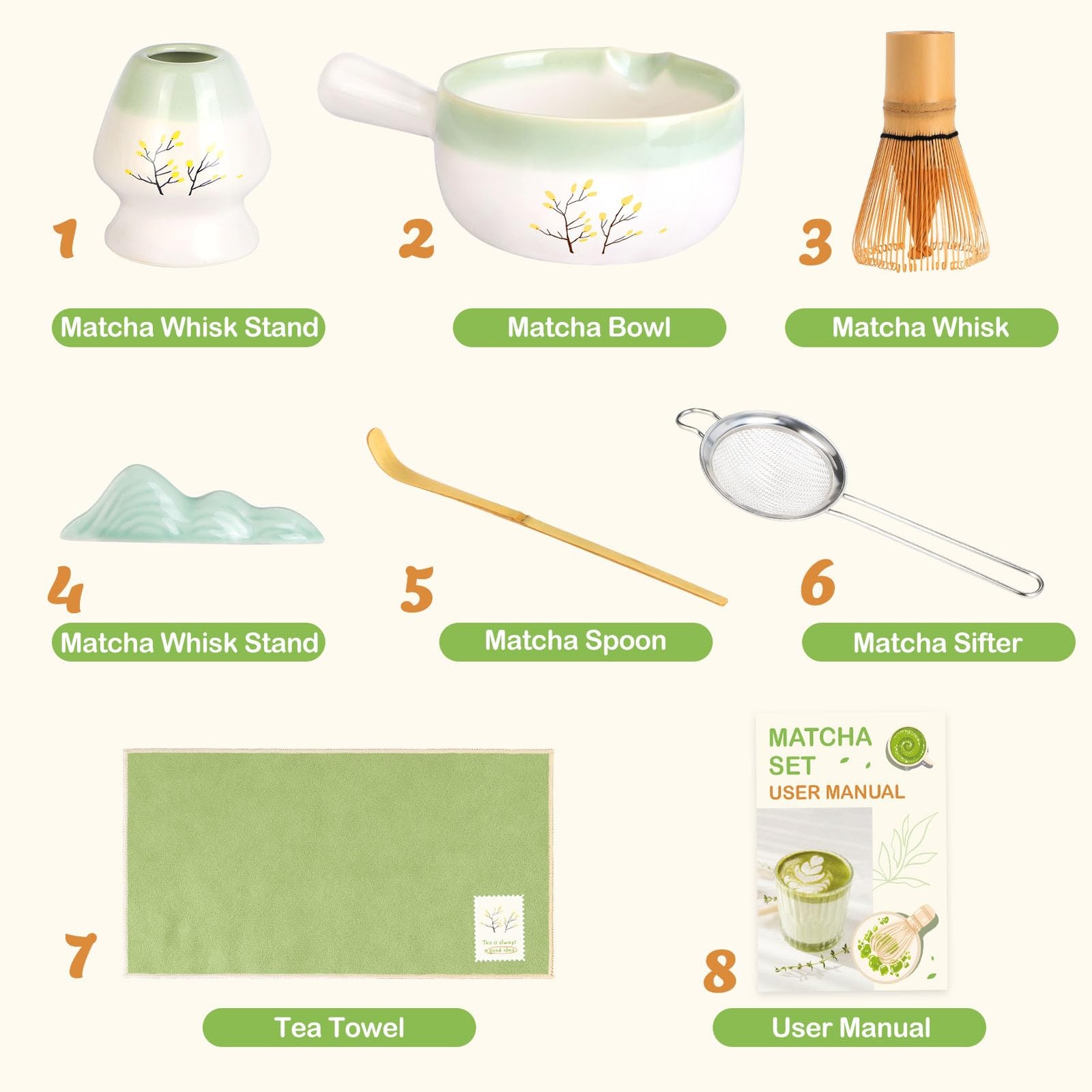 Matcha Whisk Set Handled Bowl Tea Kit Sifter Cup Gift Kitchen Decor