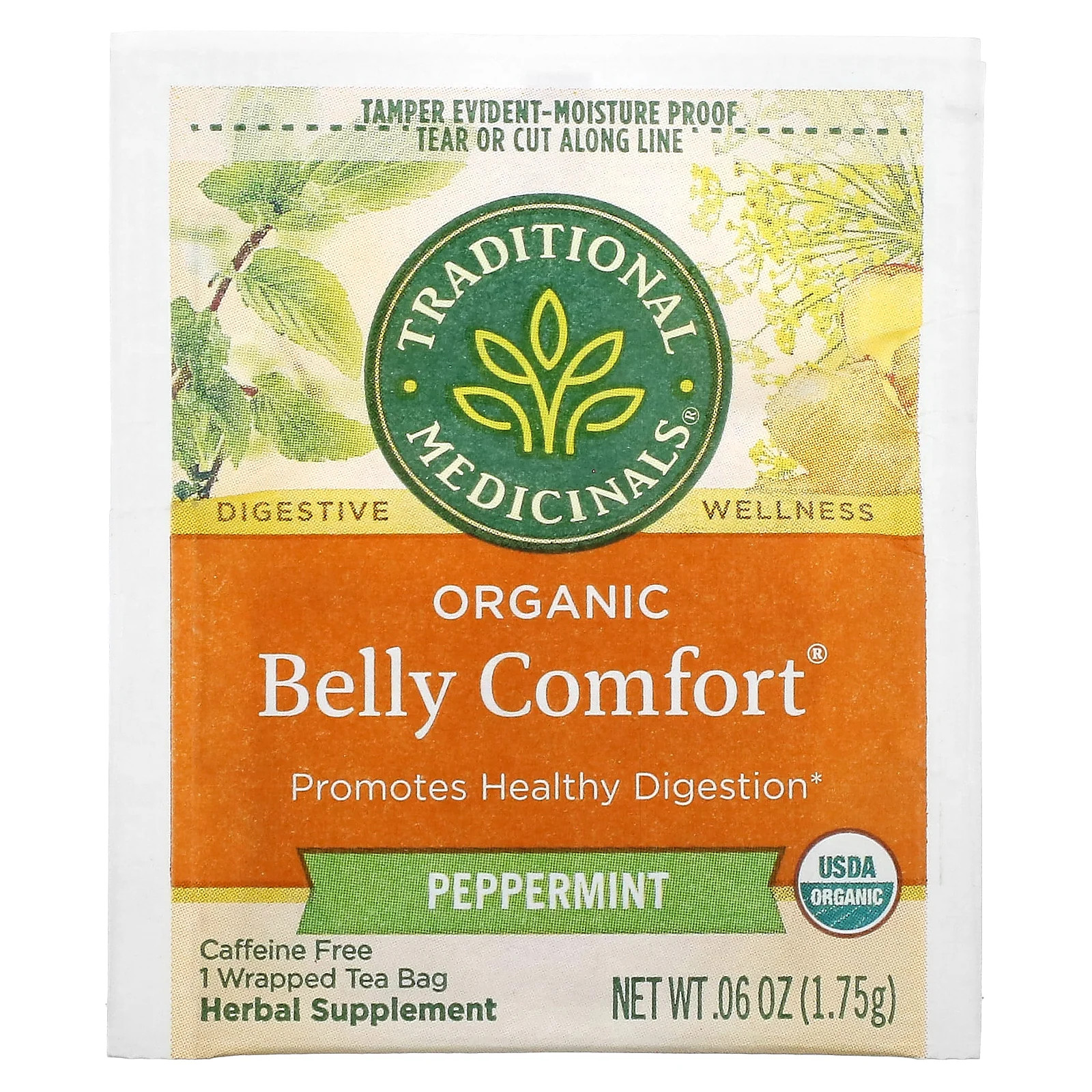 Organic Belly Comfort, Peppermint, Caffeine Free, 16 Wrapped Tea Bags, 0.99 oz