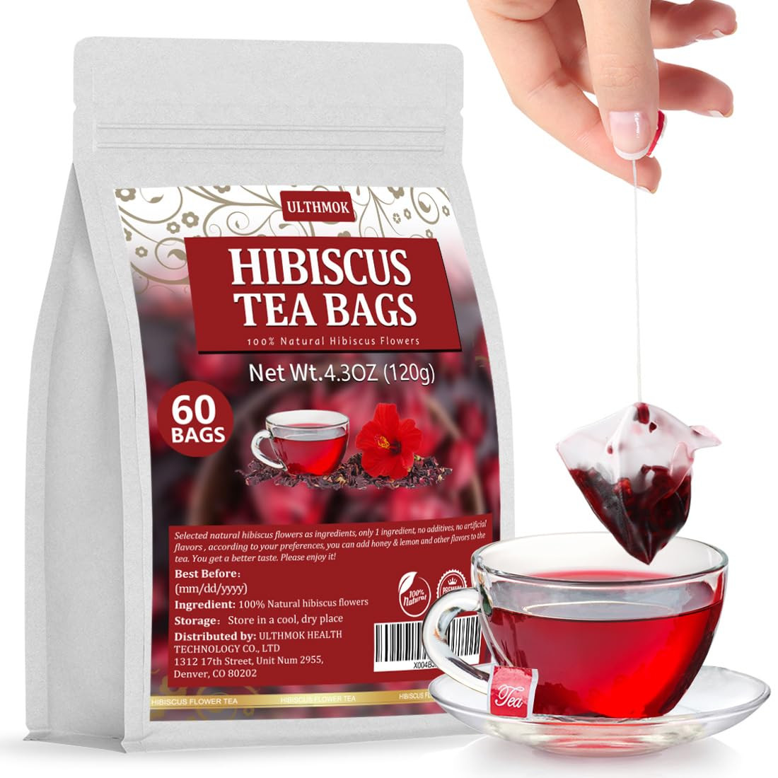 Premium Hibiscus Tea Bags,60 Tea Bags 2G /4.24 Oz,100% Pure Dried Hibiscus Flowe