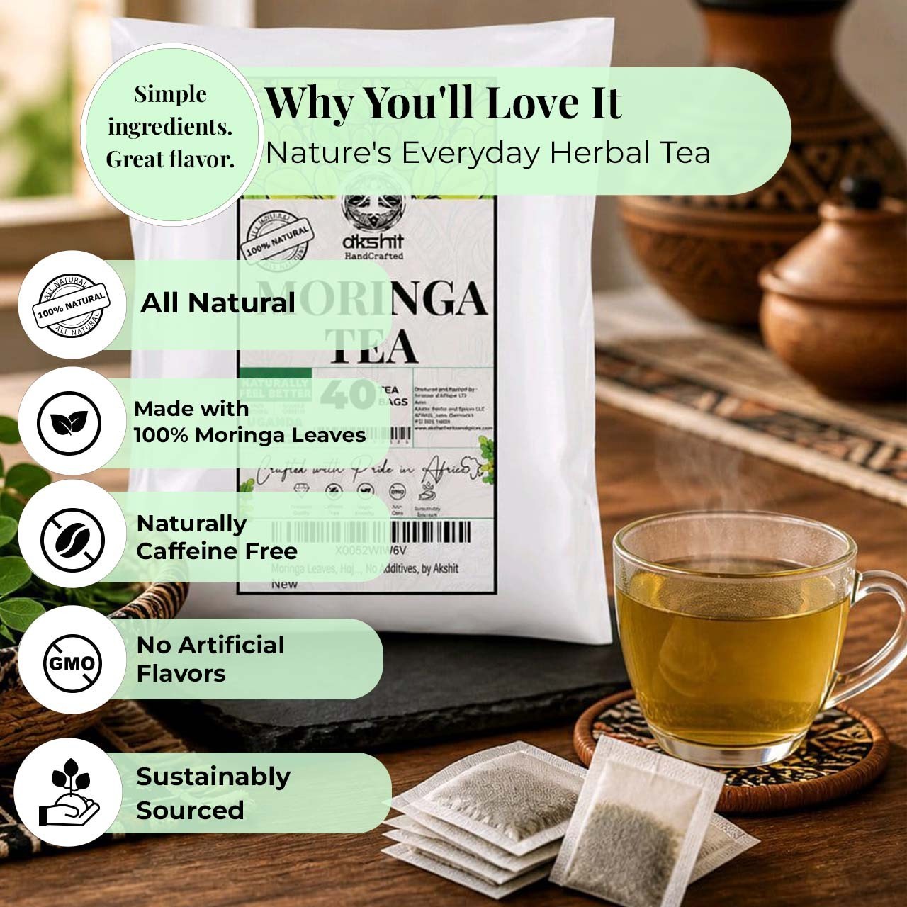 40 Moringa Tea Bags All Natural Moringa leaf Tea- Caffeine-Free Herbal Tea
