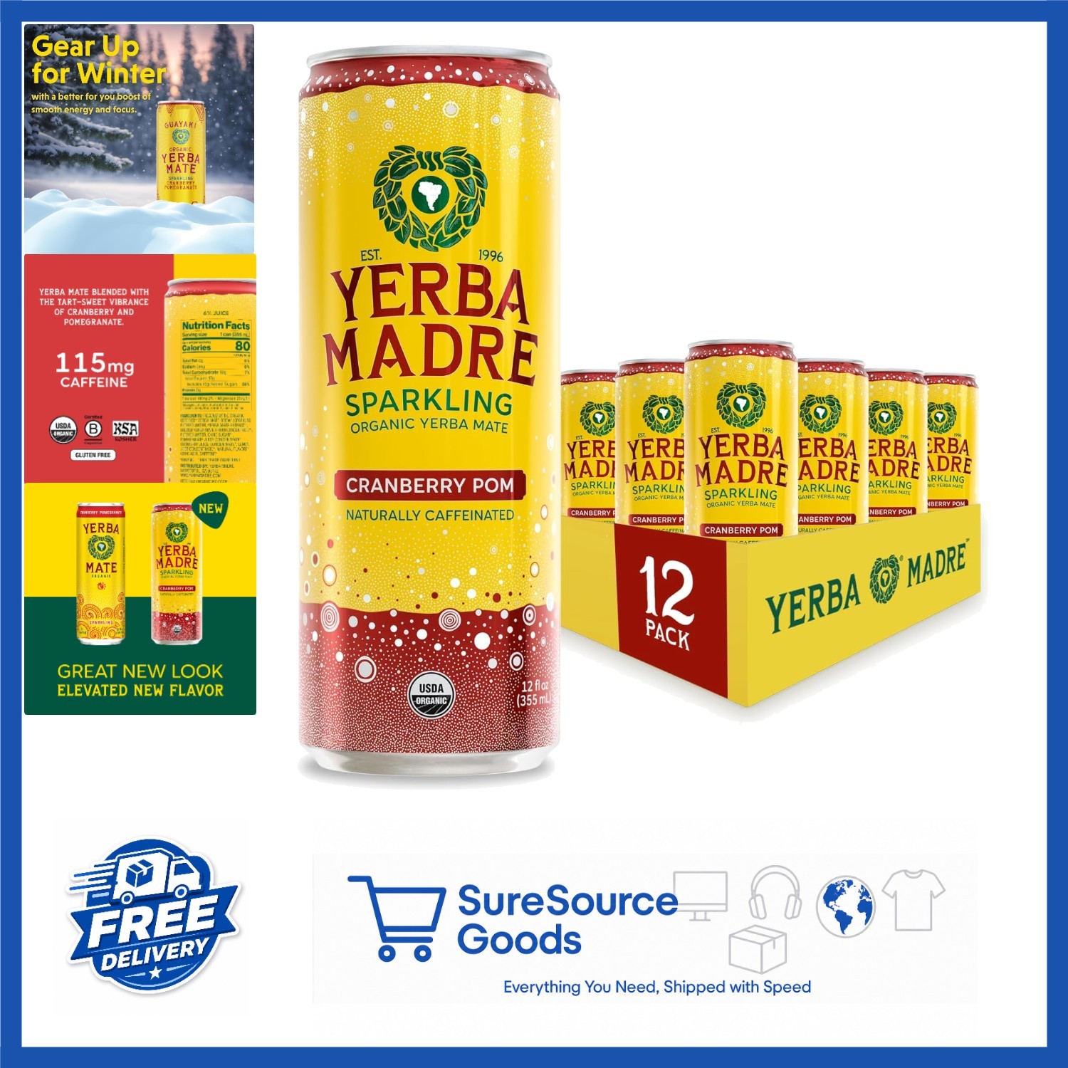 Sparkling Yerba Mate Cranberry Pom 12oz Cans Organic High Caffeine Energy Drink