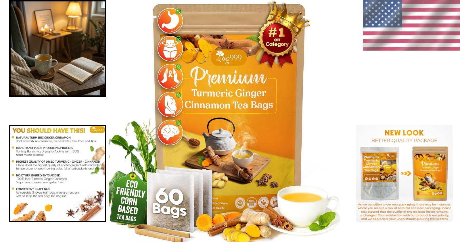 Natural Turmeric Ginger Herbal Tea Bags – 60 Count for Digestion & Brain Support