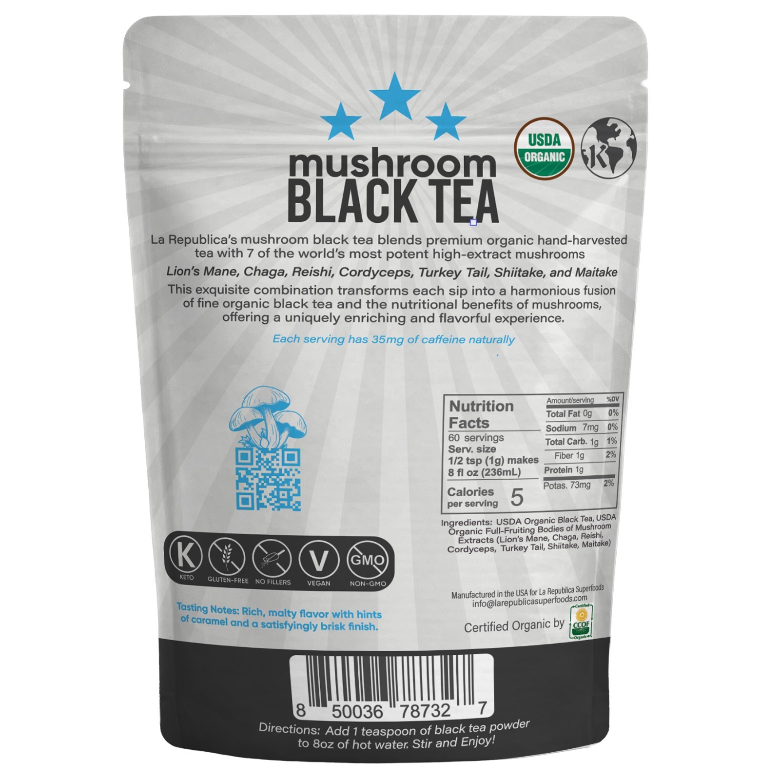 La Republica USDA Organic Mushroom BLACK TEA (Full-Fruiting Bodies) 70 Servings