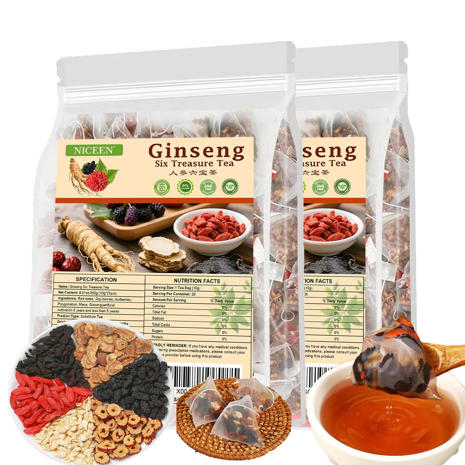 kidney Tea Formula Ginseng Six Treasure Tea, 6 Precious 50 Pcs 2 Bags
